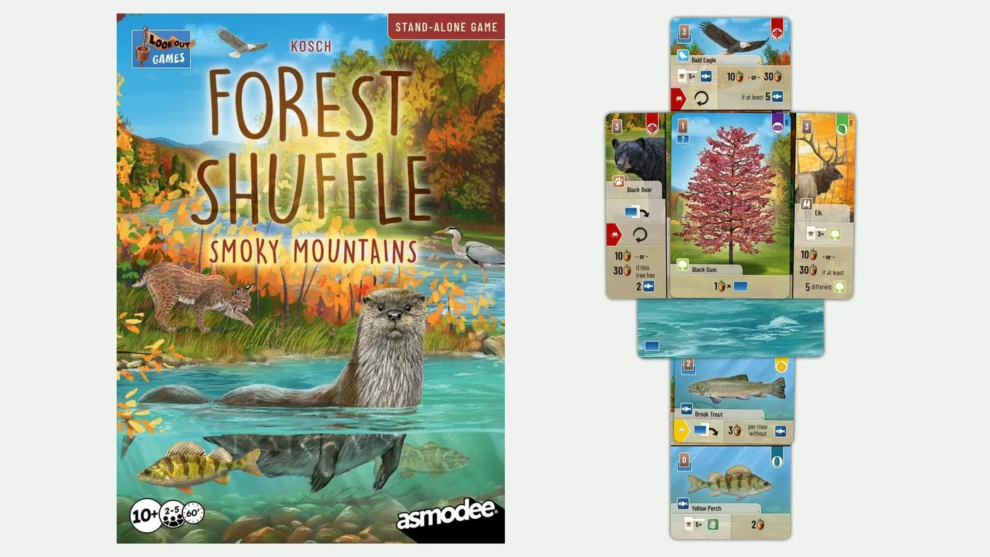 Forest Shuffle: Smoky Mountains cover beside sample tree, animal and water cards.