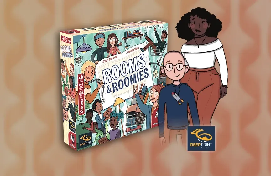 Rooms & Roomies game box beside illustrated roommates on a warm patterned background.