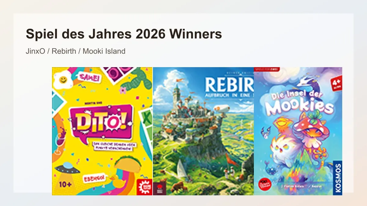 Composite preview image showing official cover art for the 2026 Spiel des Jahres winners Dito, Rebirth, and Die Insel der Mookies.