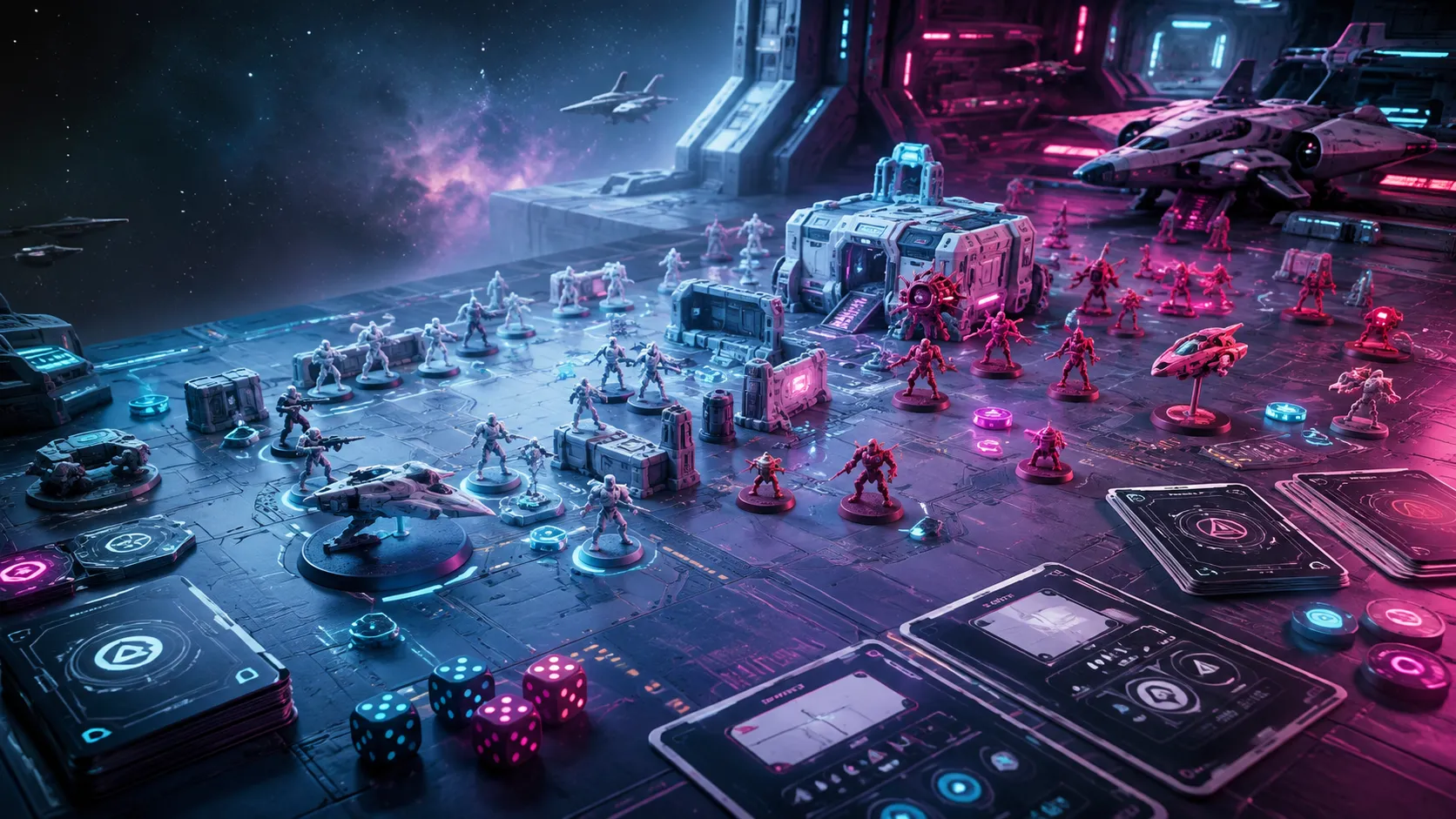 GameGuideDog editorial illustration of an original science-fiction tabletop skirmish with miniatures, cards, and dice.