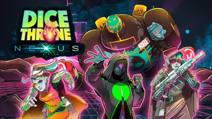 Dice Throne Nexus heroes in neon-lit technofantasy key art.