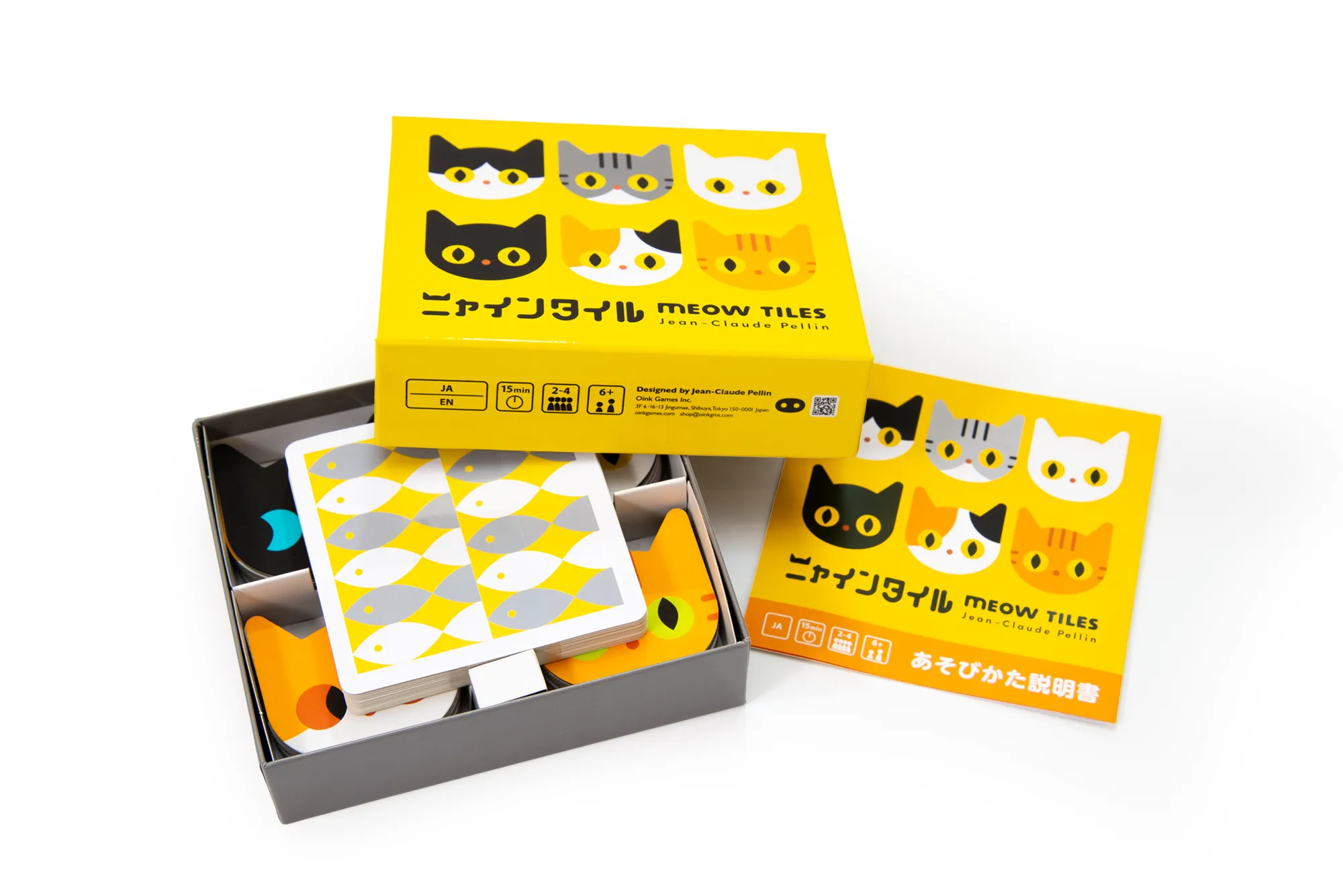 Meow Tiles yellow box, cards and Japanese-English rulebook.
