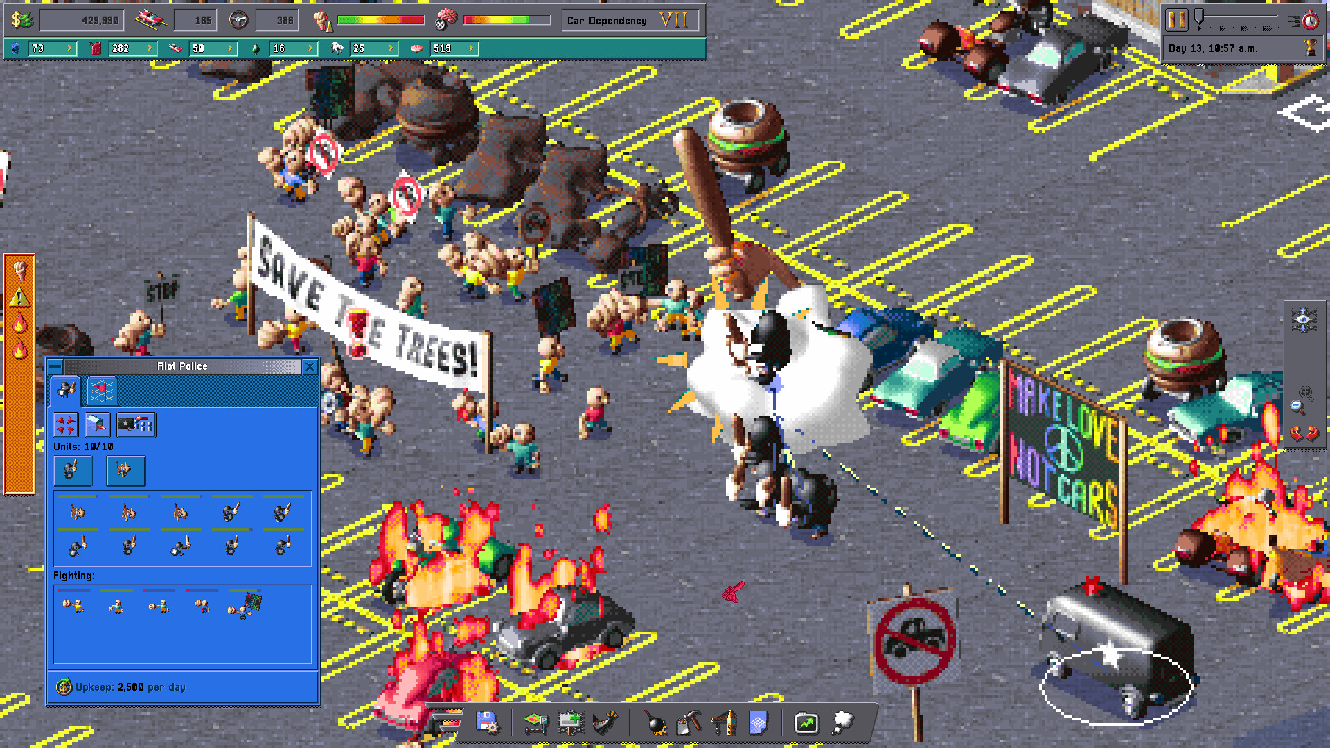 Pixelated protesters gather beside parked cars and flames while a riot-police management window is open.