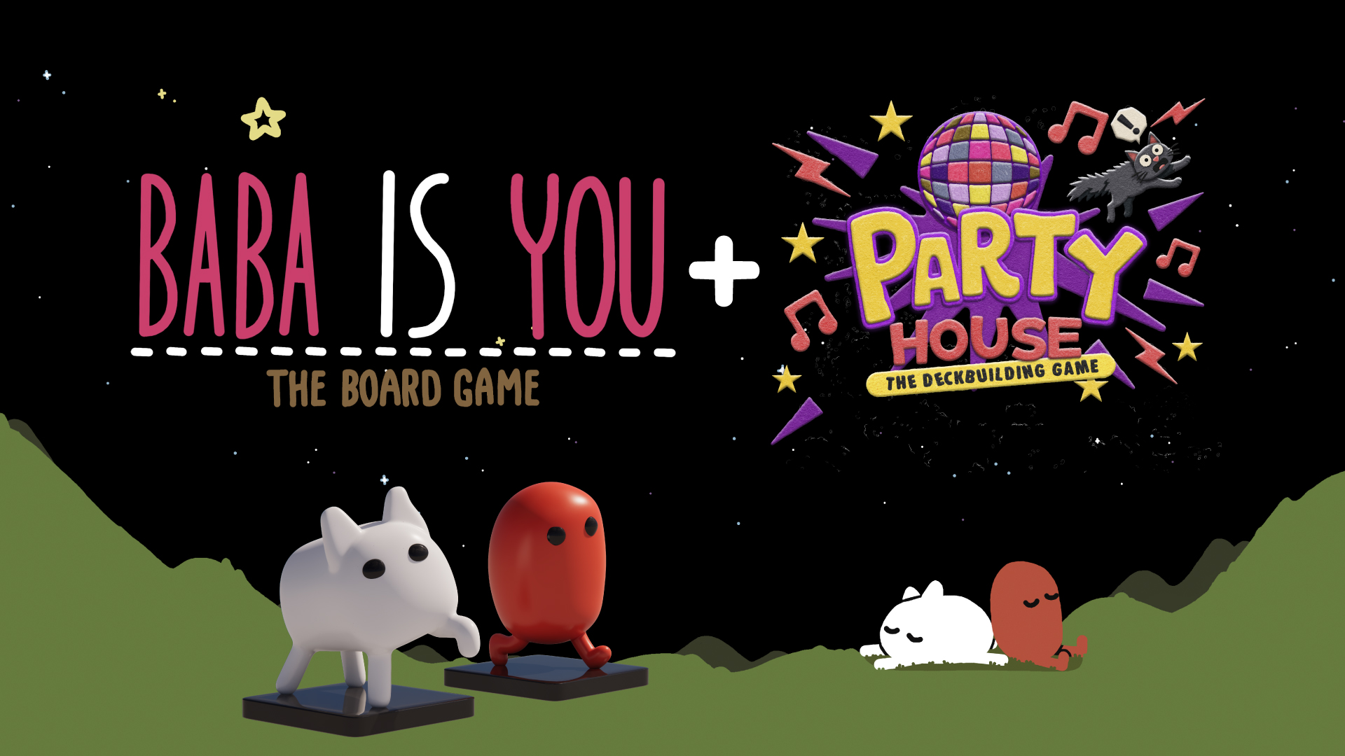 Official joint campaign artwork for Baba Is You: The Board Game and Party House: The Deckbuilding Game, with Baba and Keke figures.