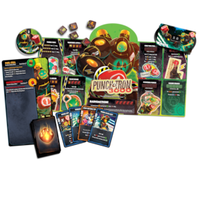 Punch-A-Tron 3000 hero board, cards and tokens arranged on a dark background.
