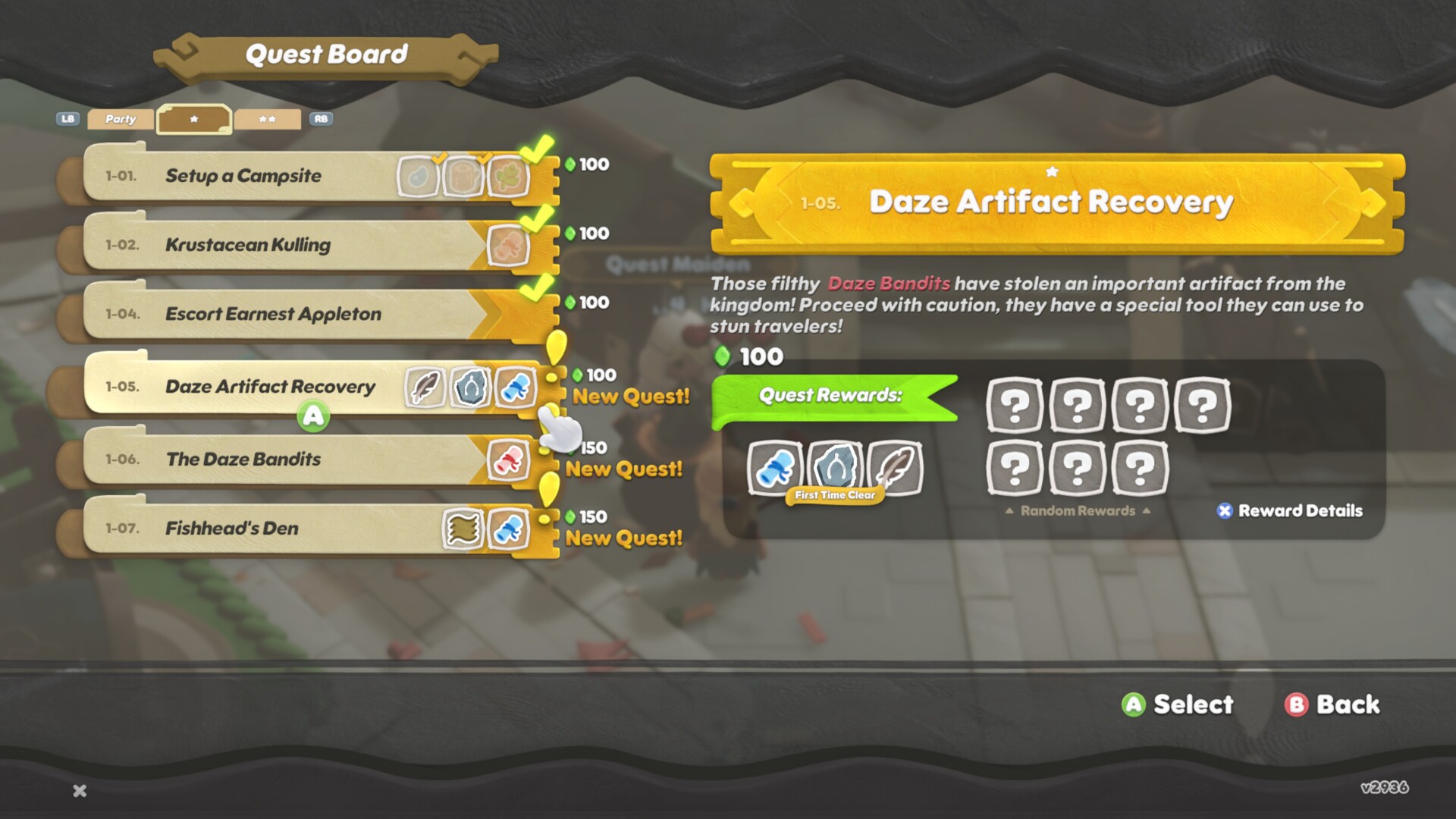 Official Scramble Knights Online screenshot showing one-star quests and a selected artifact-recovery mission on the quest board.
