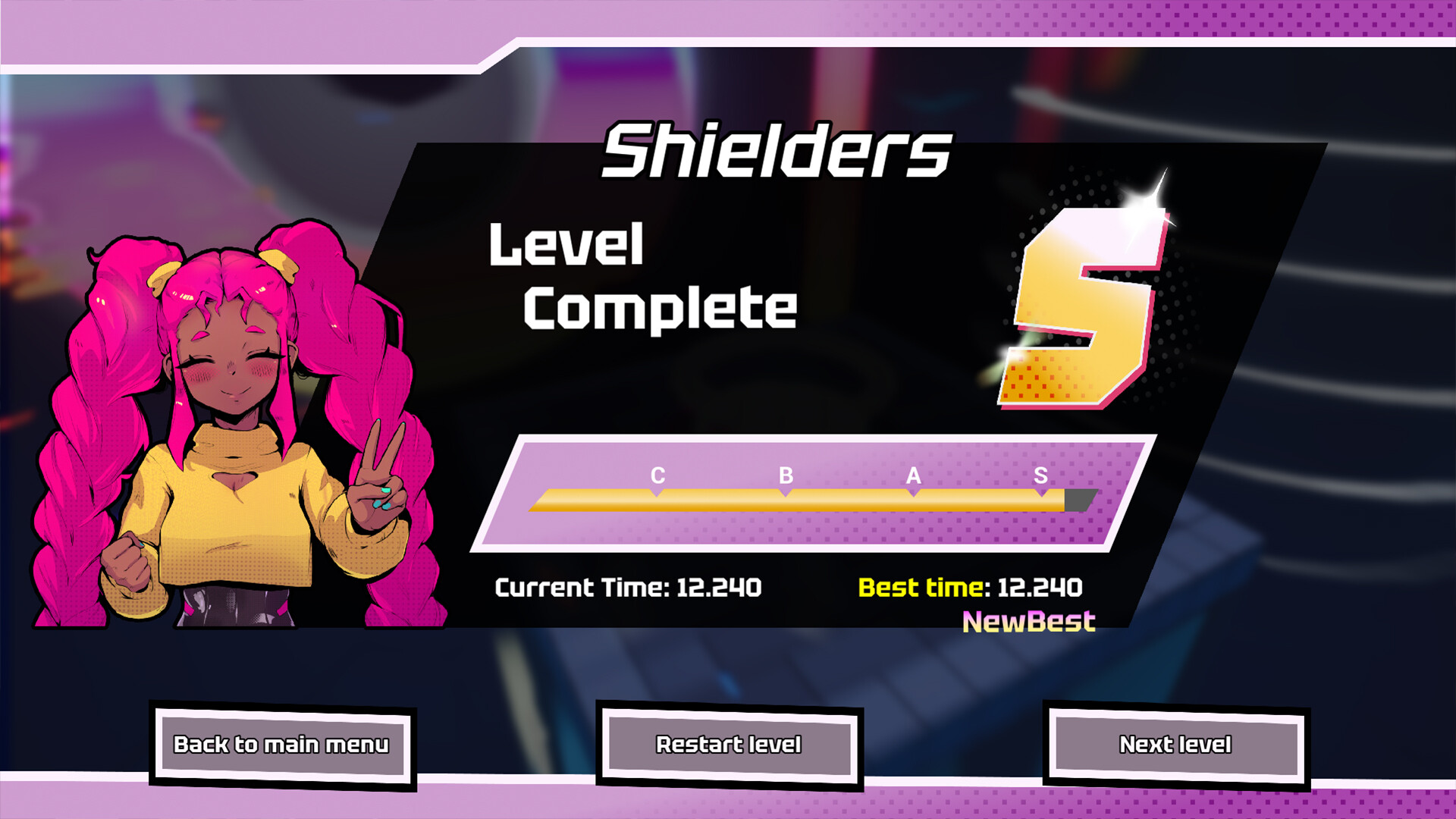 Uppercute's supplied level-completion screen shows an S rank, current time and best time.