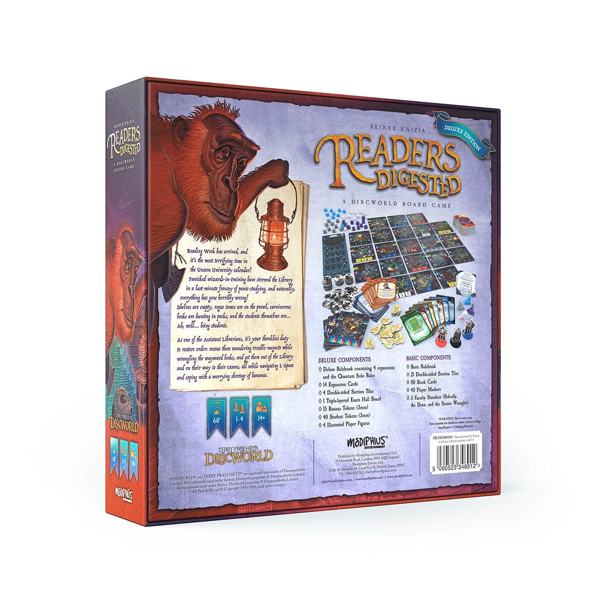 Official Modiphius product art for Readers Digested Deluxe, showing the box, board, and Discworld library components.