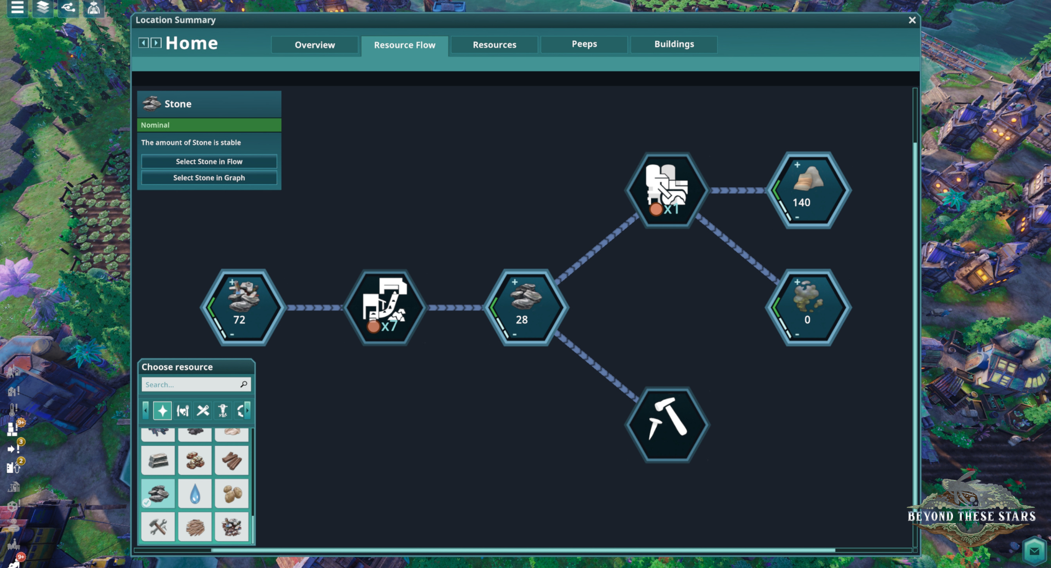 The Resource Flow panel displays a branching stone-production chain.