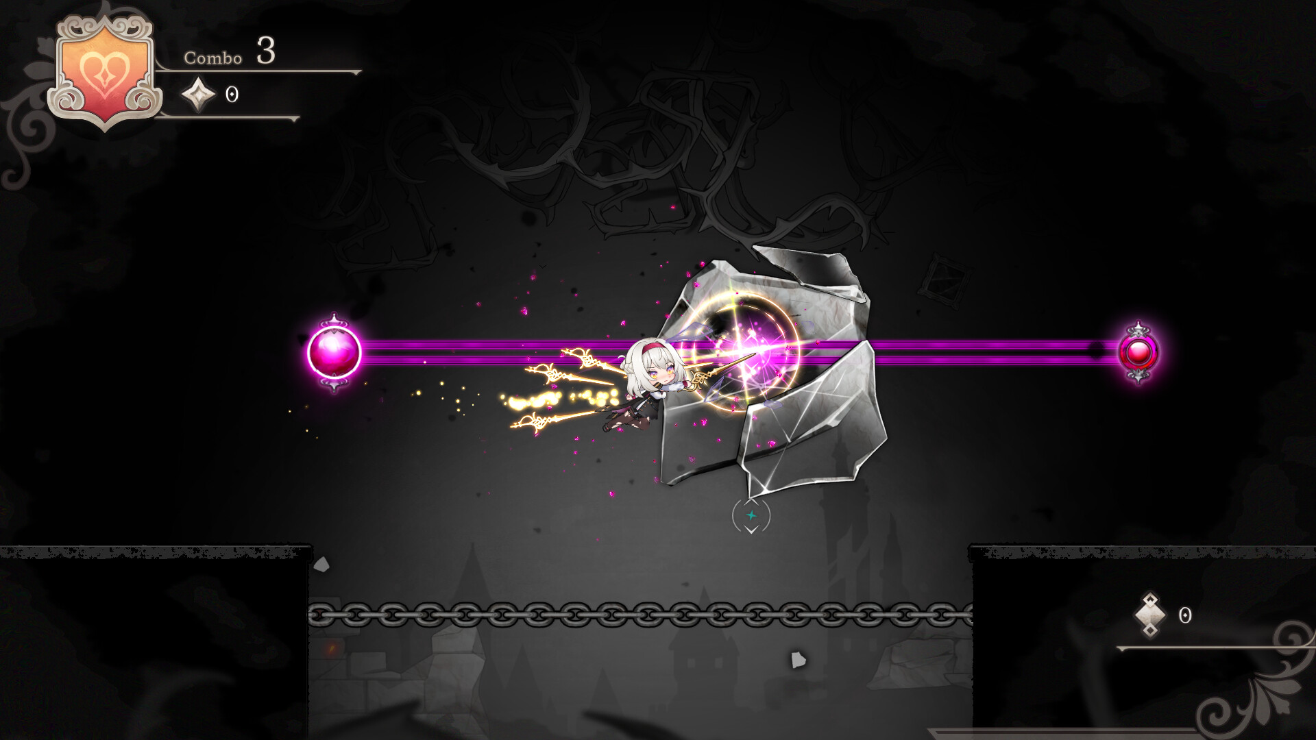 A character beside a broken stone shield and a bright pink rhythm line on a dark stage.