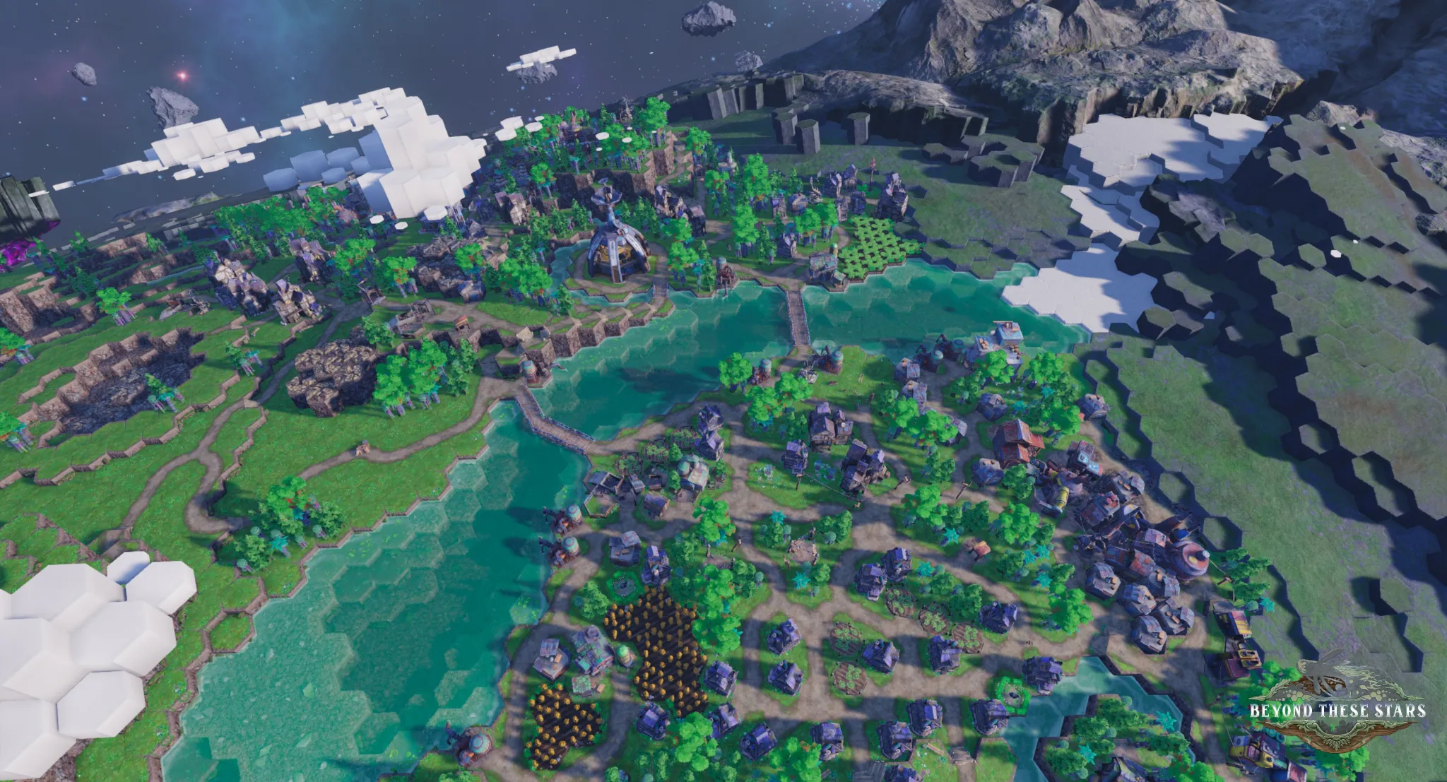 A river crosses a settlement with farms, roads and trees.