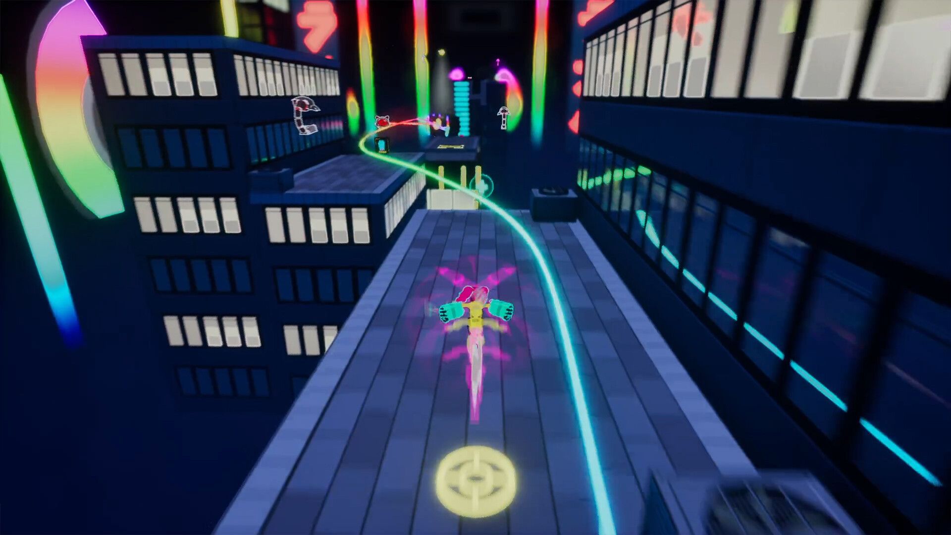 A pink-haired Uppercute character runs across neon-lit rooftops toward a glowing trail.