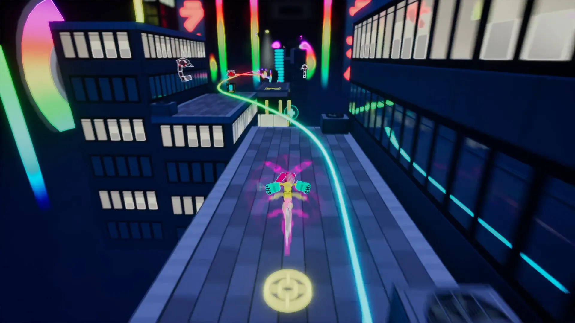 A pink-haired Uppercute character runs across neon-lit rooftops toward a glowing trail.