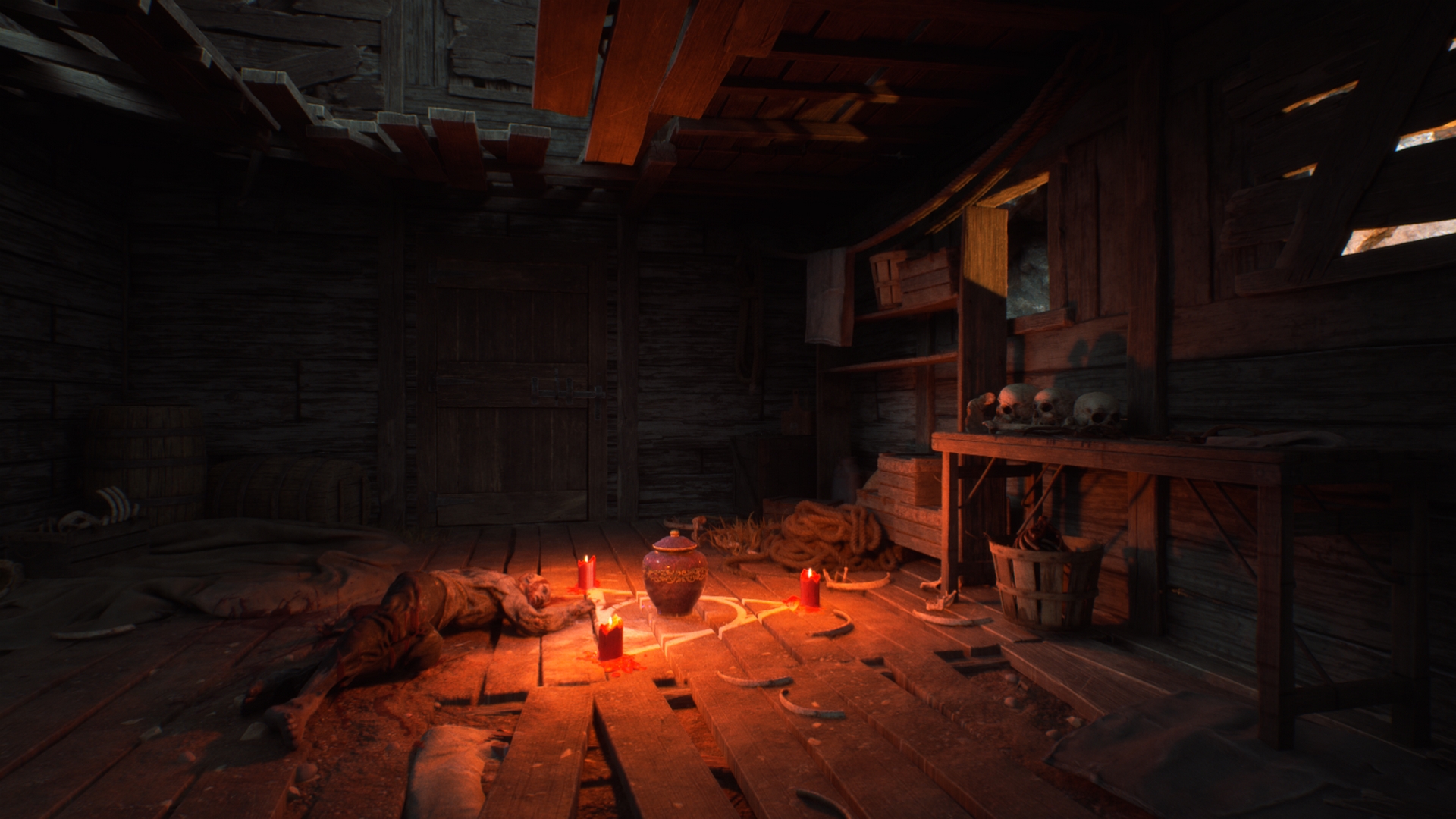 Candles surround ritual markings and a body in a dark wooden room in Stygian: Outer Gods.