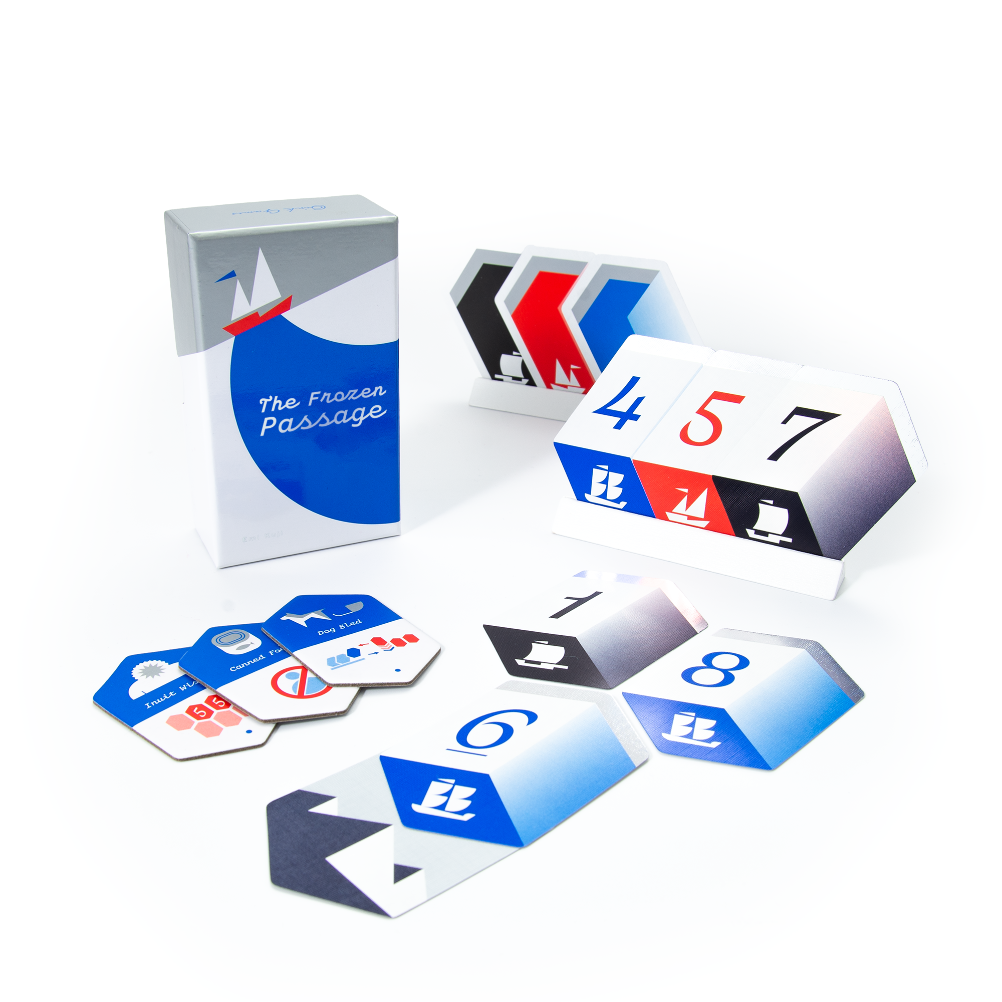 The Frozen Passage box, numbered cards in stands and blue item chips on a white background.