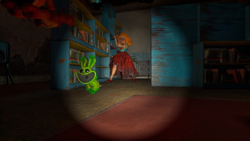 A green Smiling Critter runs between shelves with Miss Delight behind it.