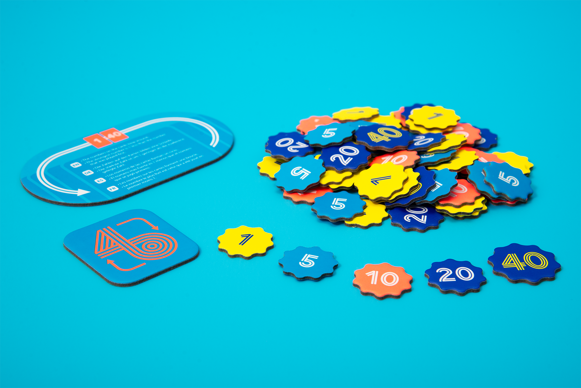 Official Loop 40 photograph of colorful scoring chips marked 1, 5, 10, 20 and 40 beside the small board.