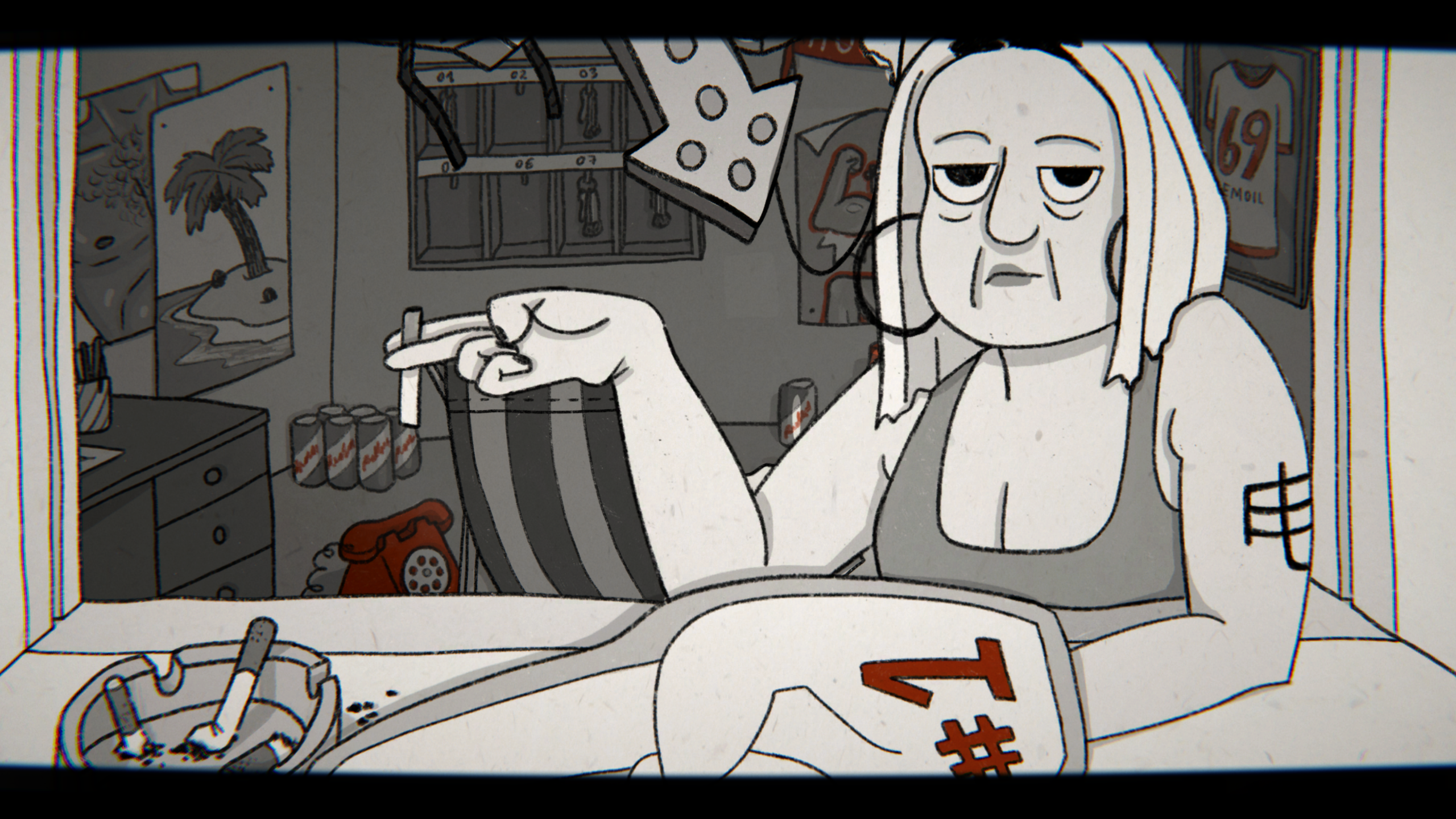 A character leans through a service window with keys hanging behind her.