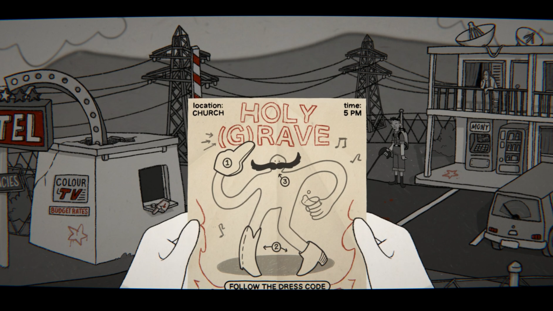 An illustrated party invitation is held up outside a motel.