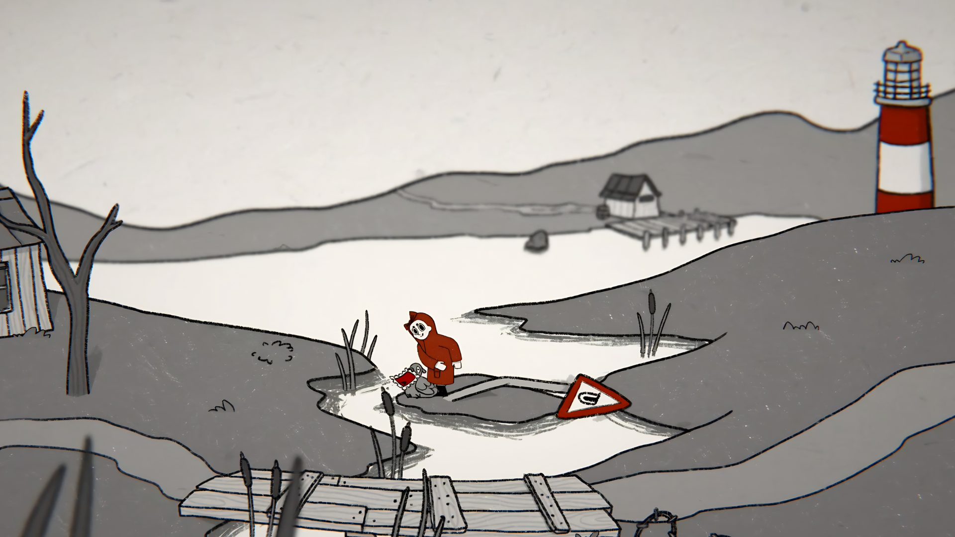 Tom stands beside a bird near water, with a lighthouse in the distance.