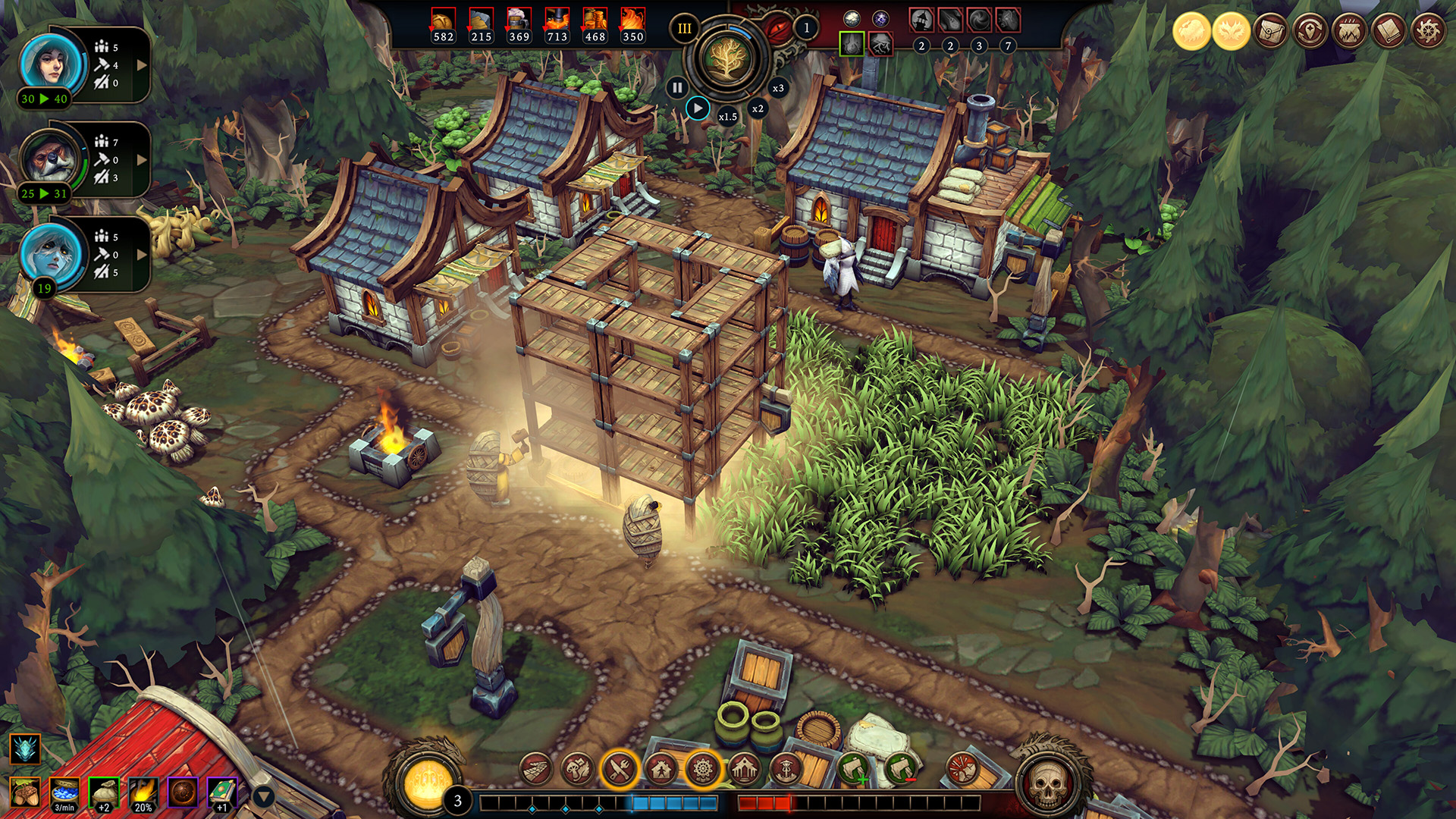A settlement in the original Against the Storm video game, with buildings among forest clearings.