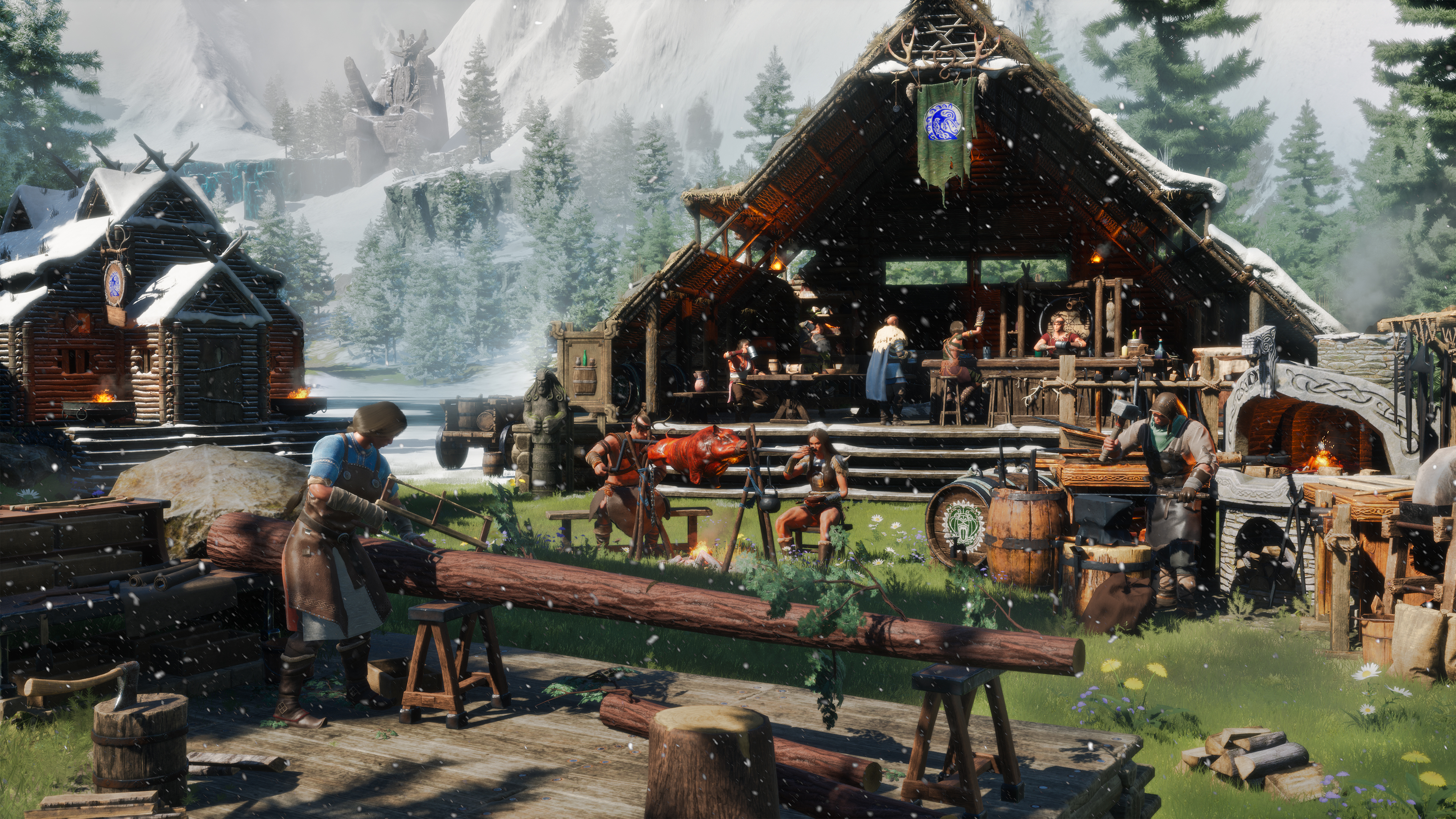 Characters work and cook beside timber buildings in a snowy mountain settlement.