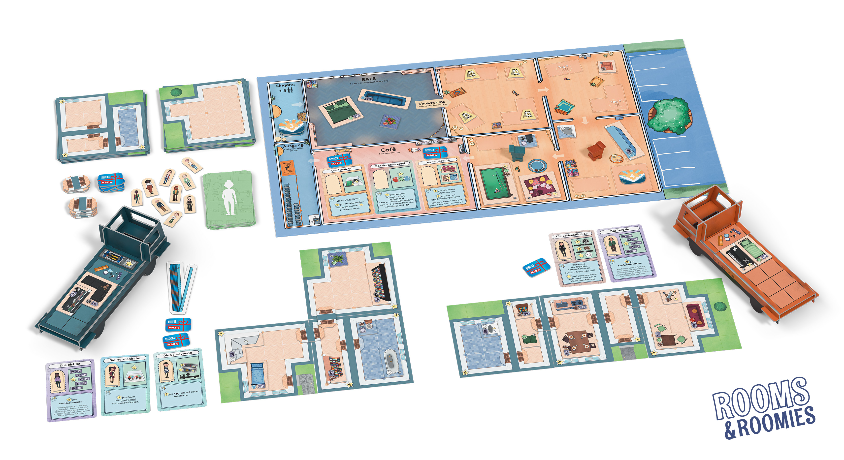 Rooms & Roomies setup with a furniture-store board, apartment floor plans, furniture tiles, character cards and two cardboard vans.