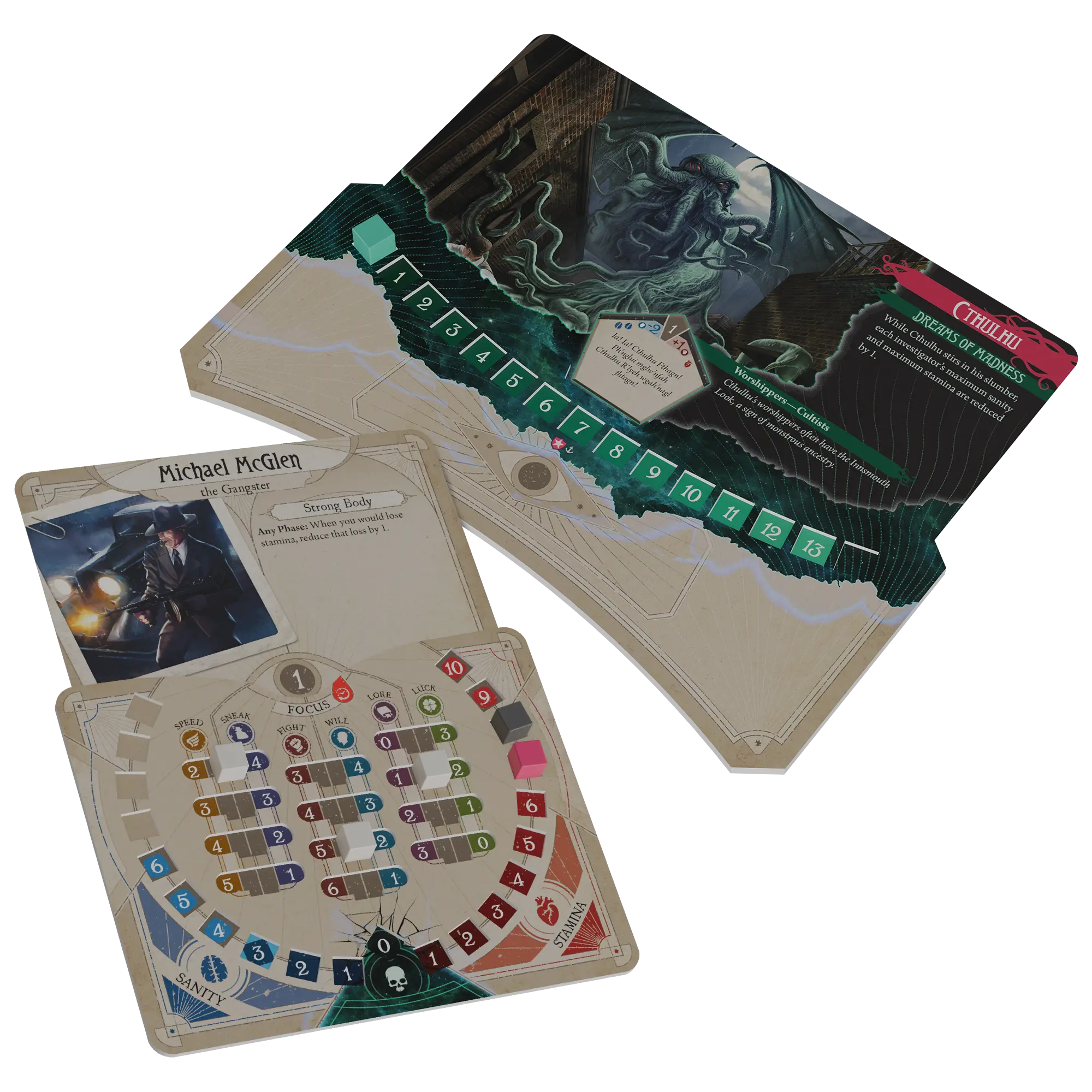 Official remastered Michael McGlen investigator sheet beside a Cthulhu Ancient One sheet.