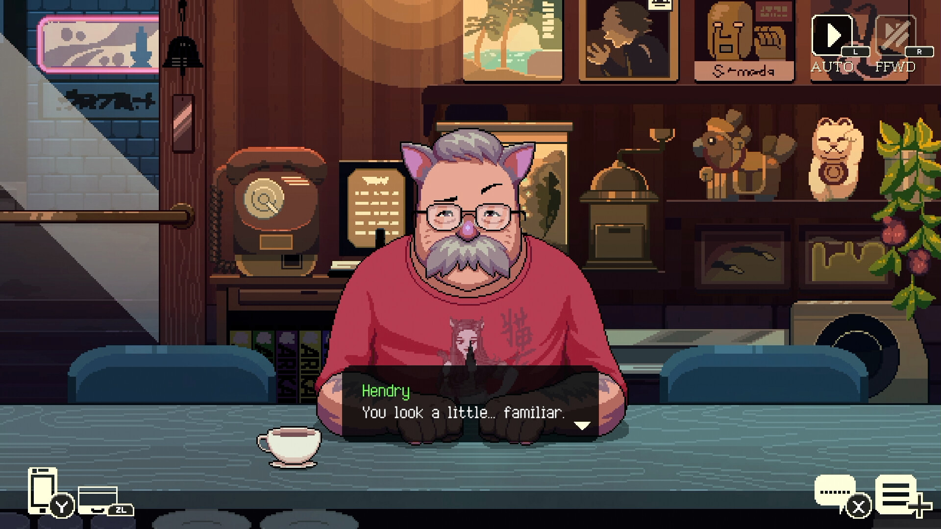 Official Coffee Talk Tokyo screenshot showing two characters seated in the cafe during one of the game's dialogue scenes.