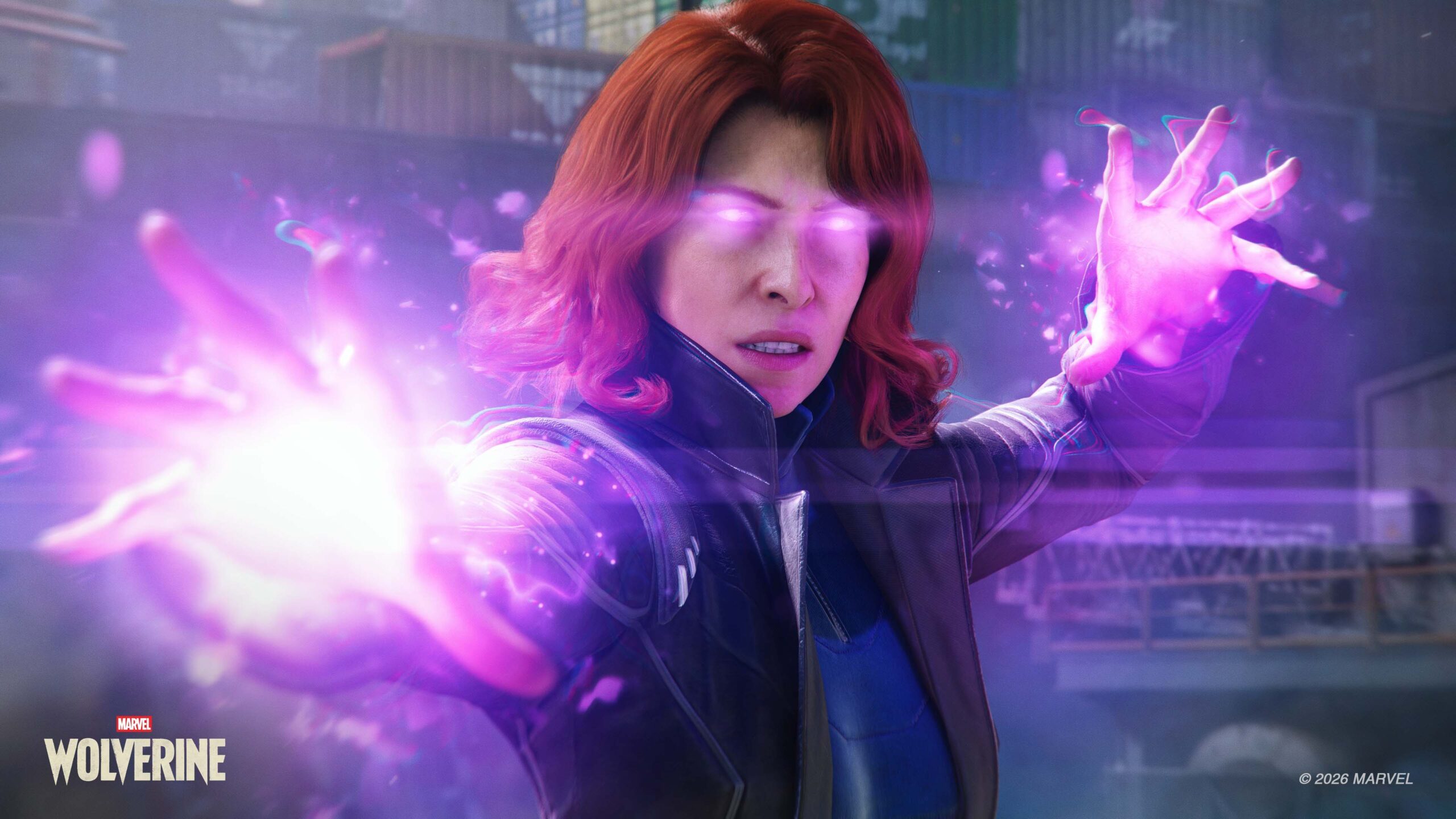 Official Marvel's Wolverine screenshot showing Jean Grey with a bright purple aura as she prepares to use telekinetic powers.