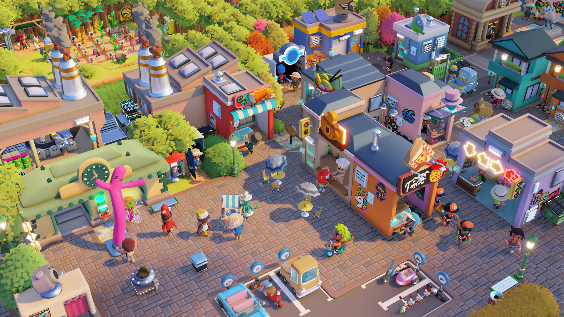 Official Go-Go Town! screenshot showing a dense city block with factories, small shops, signs, and several characters crossing a crowded street.