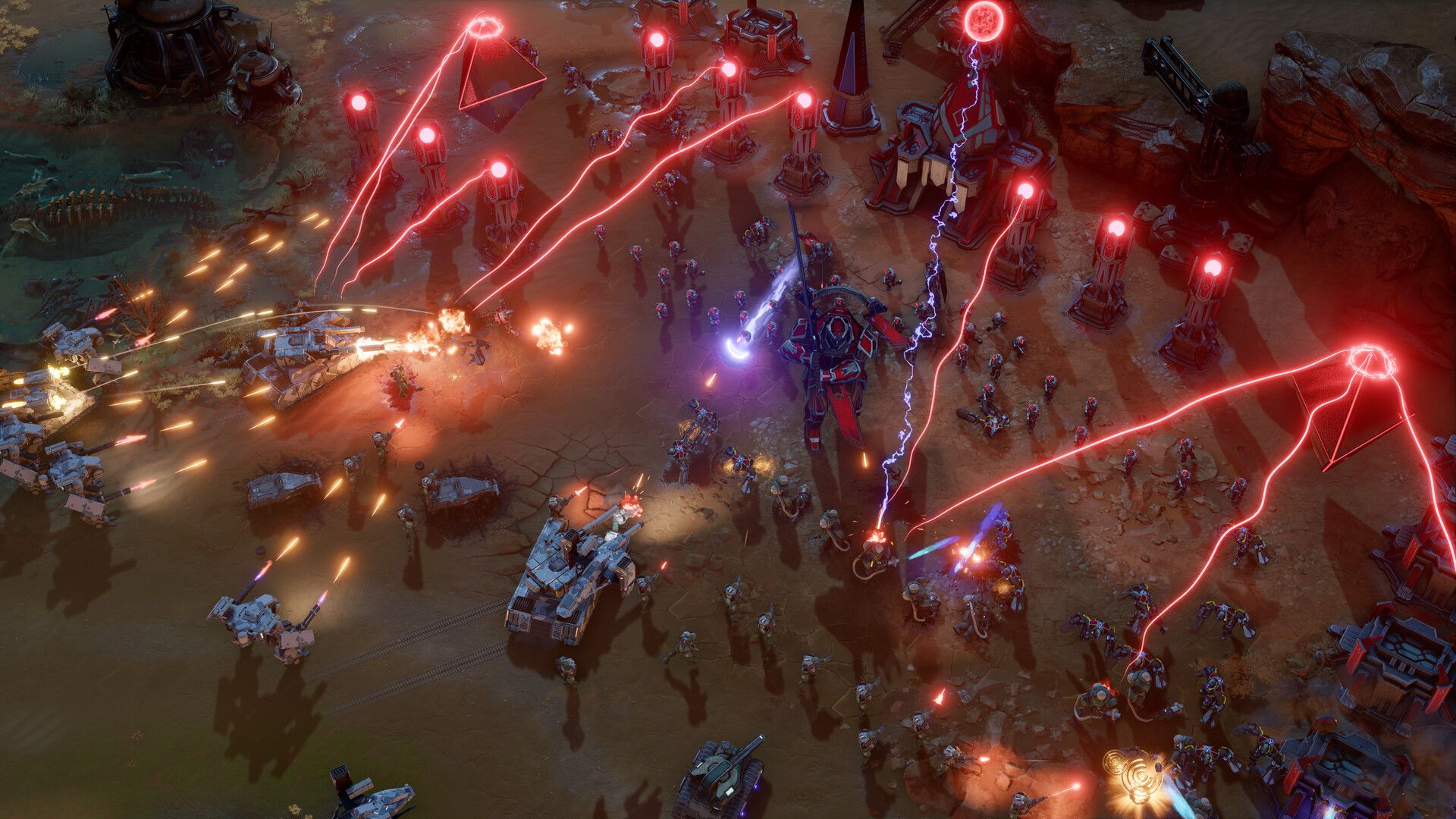 Official ZeroSpace gameplay screenshot showing a large-scale RTS battle with armored units, explosions, and a dense sci-fi battlefield.