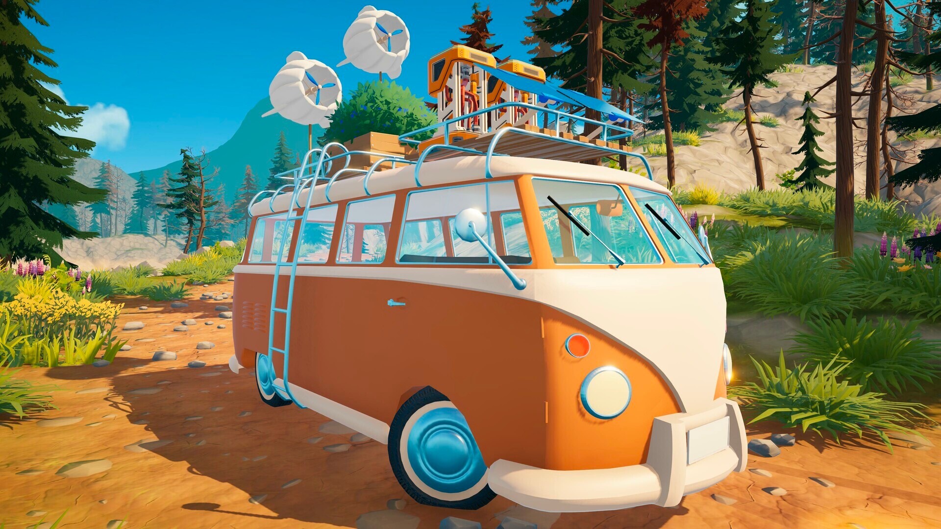 Official Outbound screenshot showing the camper van base parked in a colorful outdoor area.