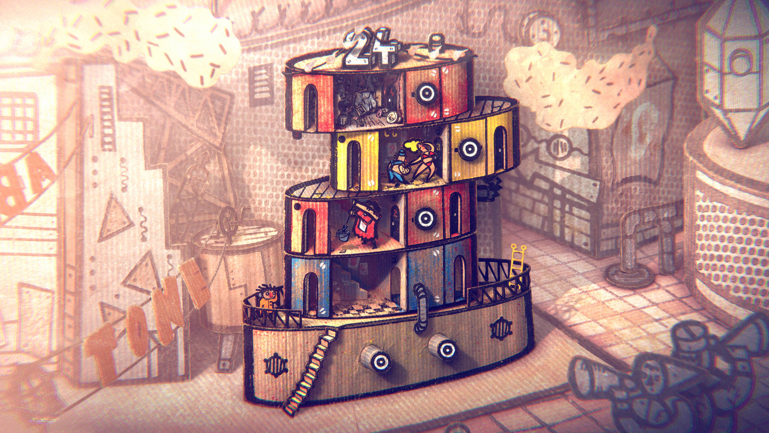 Official Phonopolis image from Amanita Design showing Felix and other characters inside one of the game's cardboard city spaces.