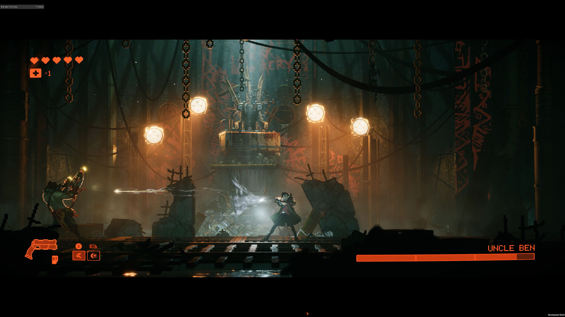 Oficjalna grafika z REPLACED pokazująca scenę walki w side-scrollowej, pikselowej oprawie cyberpunkowej.