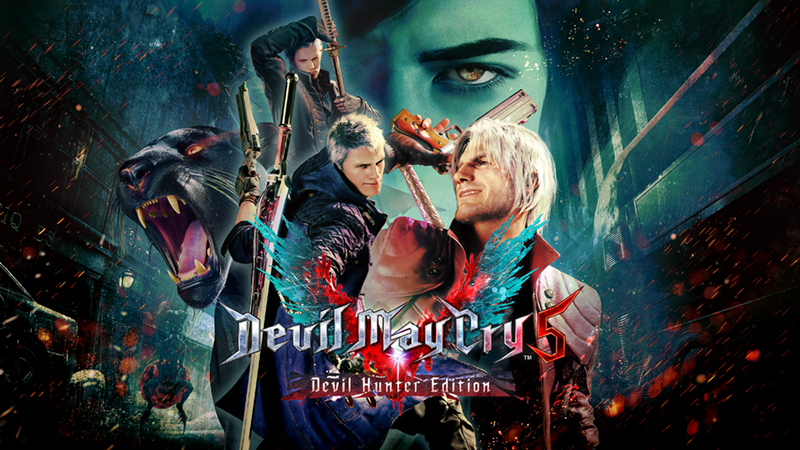 Official Capcom key visual for Devil May Cry 5 Devil Hunter Edition on Nintendo Switch 2.