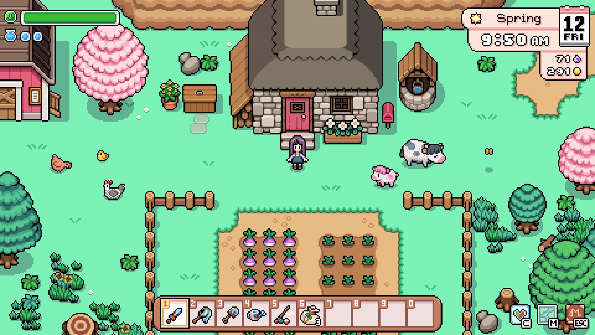 Official Fields of Mistria screenshot showing the player in a colorful farm area with crops, buildings, and townspeople.