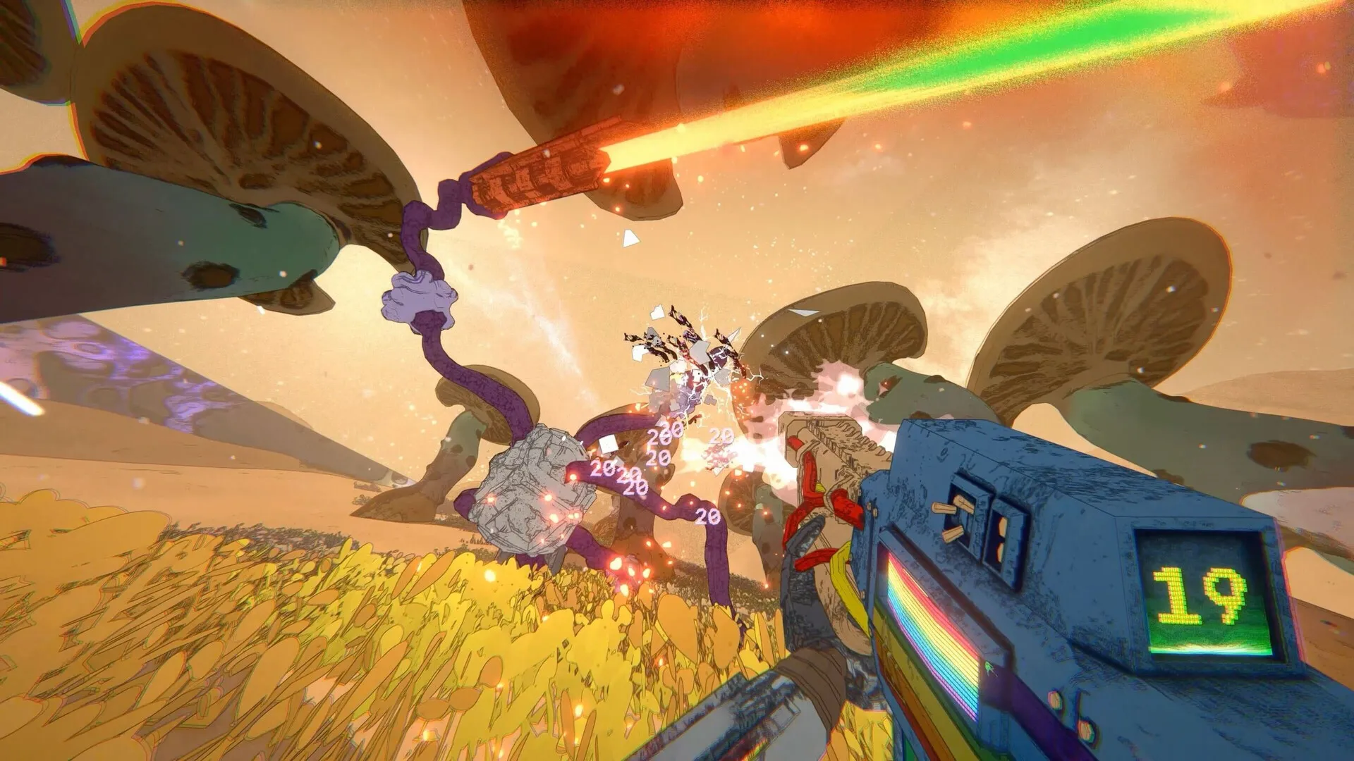 A blue first-person weapon fires at a many-limbed fungal enemy beneath enormous mushroom caps.