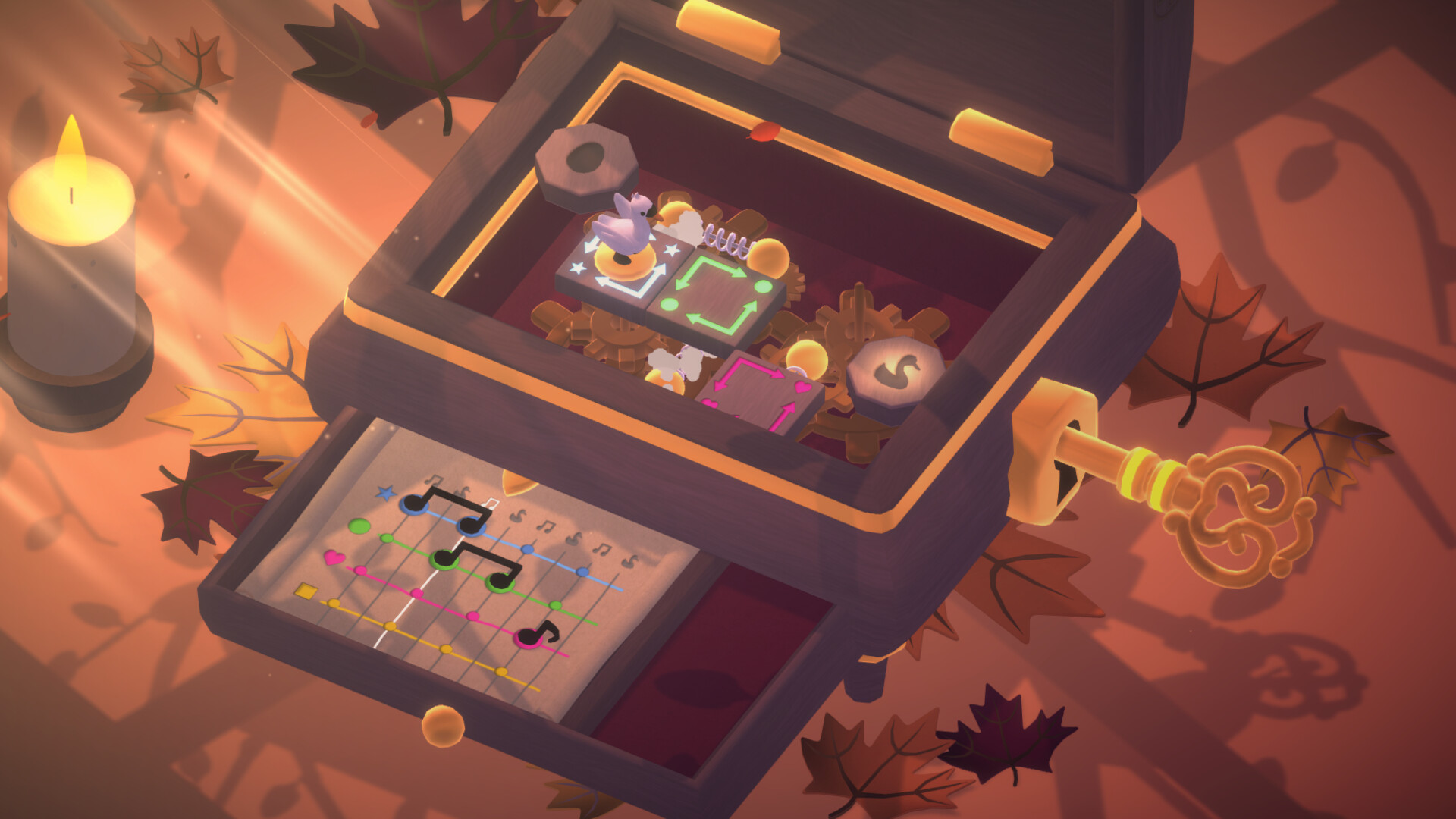 Official Swan Song screenshot from Steam showing one of the game's note-based puzzle layouts inside the music-box world.