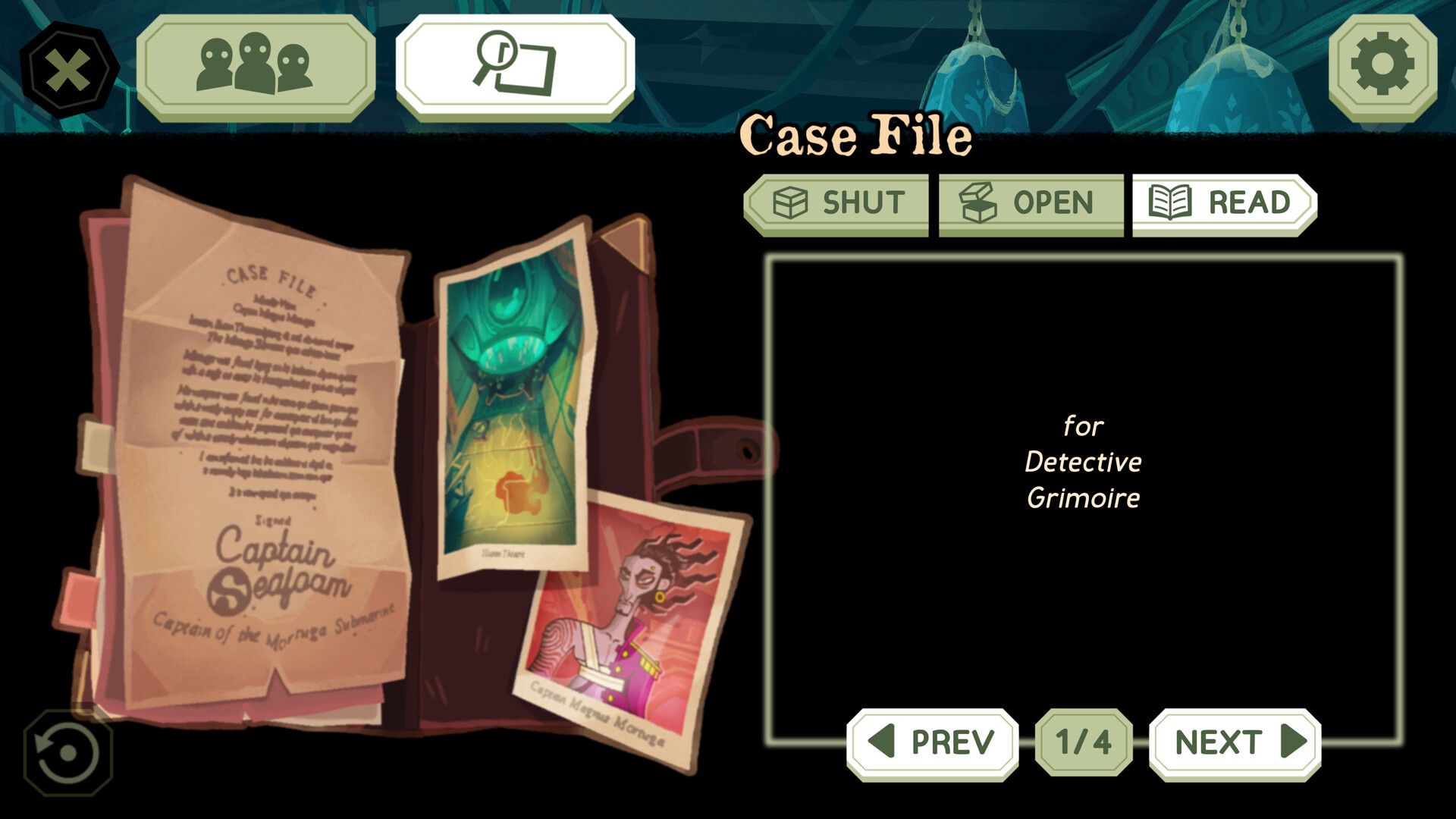 Official The Mermaid Mask Steam screenshot showing a case file screen with clues spread across an investigation folder.
