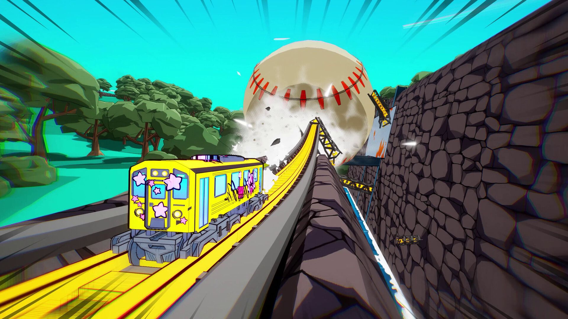 Official Denshattack screenshot showing the player train grinding through a bright city track with enemies and trick effects on screen.