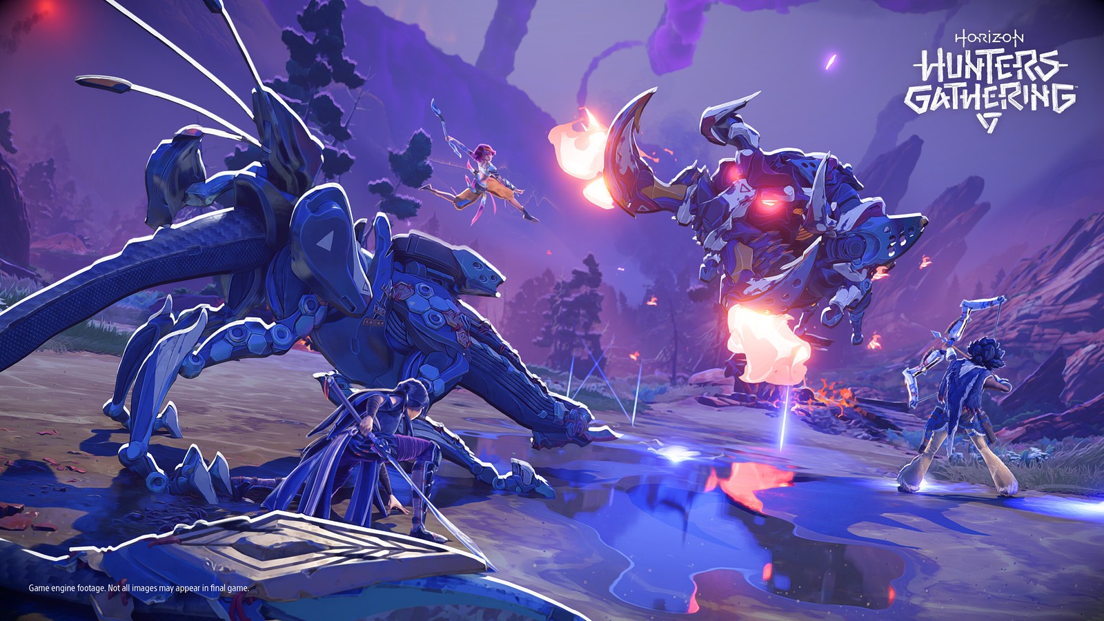 Official Horizon Hunters Gathering image from PlayStation Blog showing the game's social hub and machine-threat setup during Guerrilla's second playtest update.