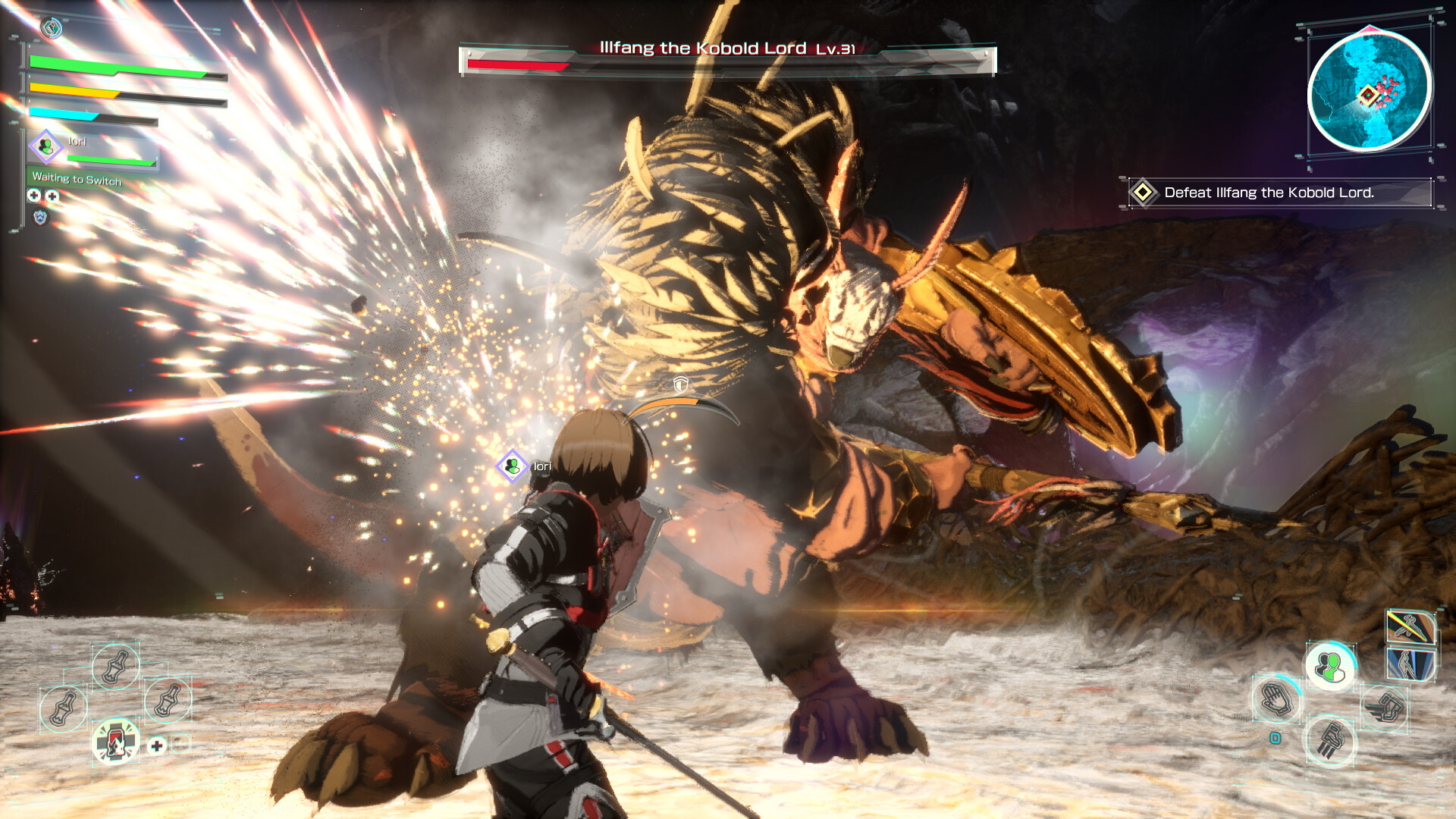 Official Echoes of Aincrad screenshot showing a player character fighting Illfang the Kobold Lord in a boss battle.