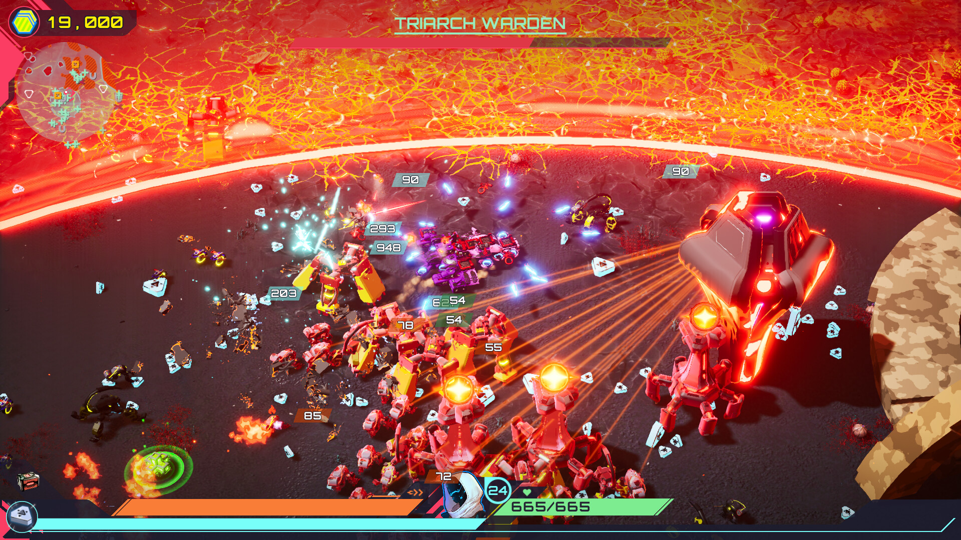 Official TerraTech Legion gameplay screenshot showing a modular vehicle fighting through a swarm of robotic enemies.