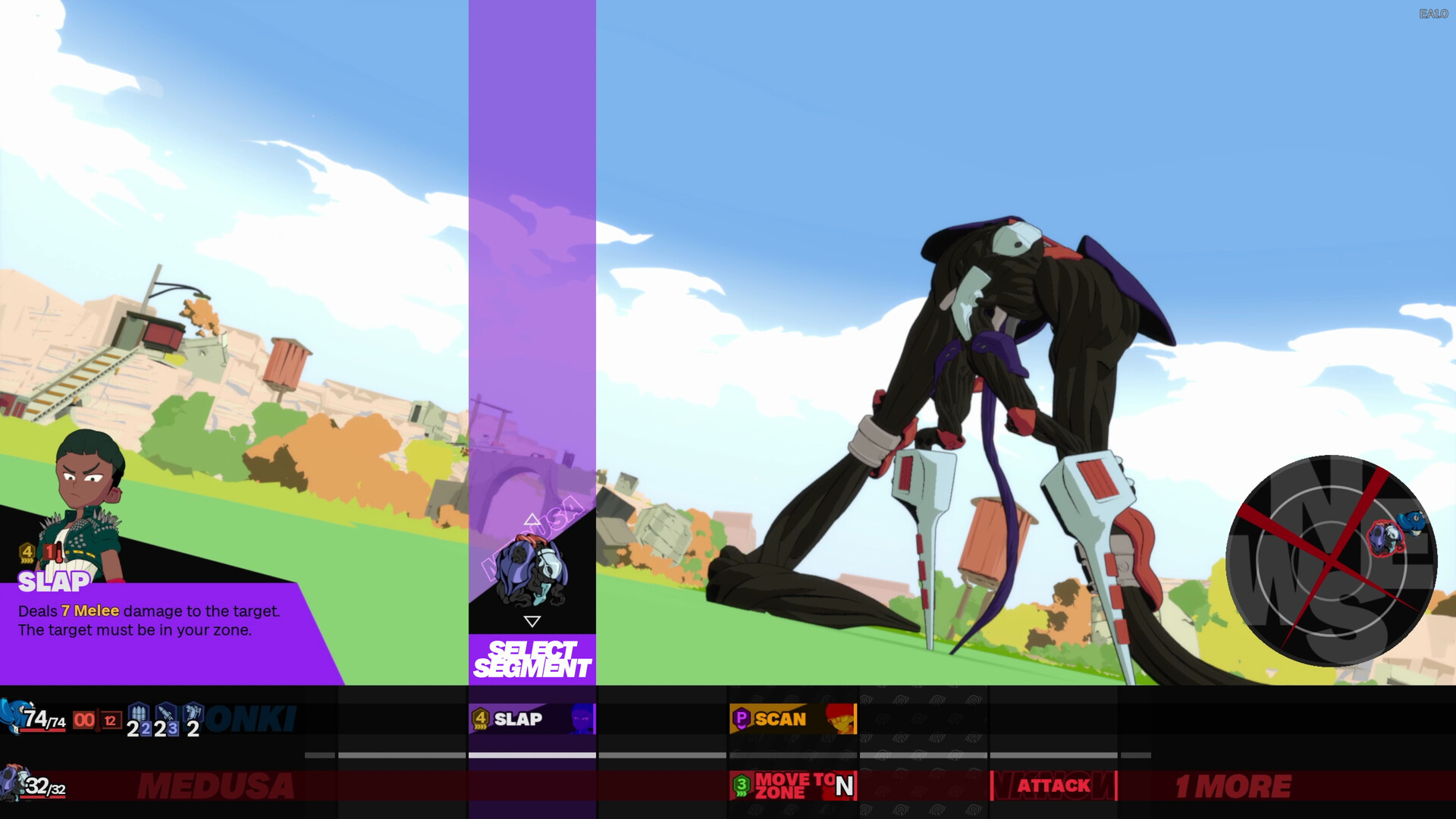 Official NITRO GEN OMEGA gameplay screenshot showing a mech battle in the game's cinematic tactics format.