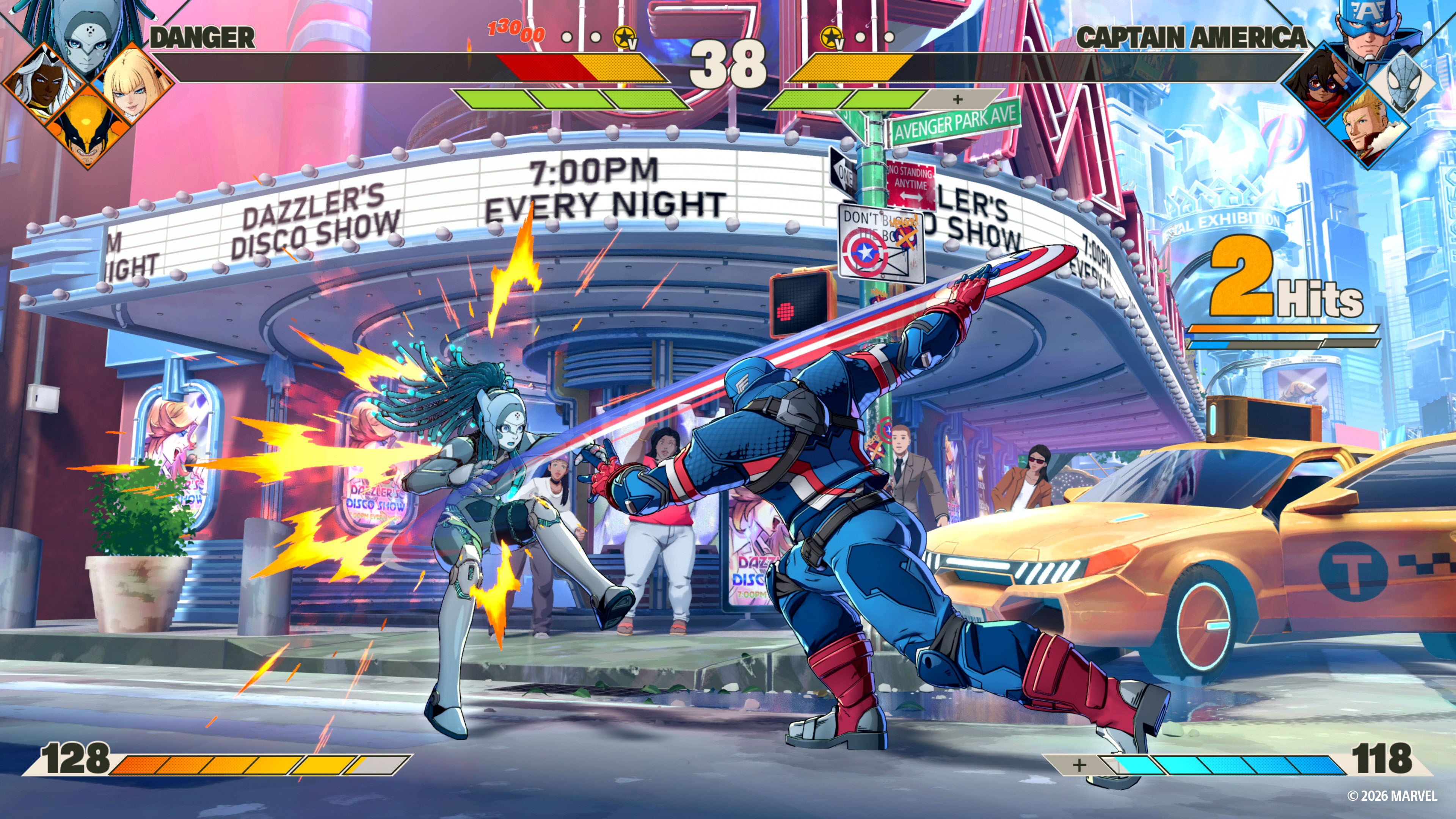 Official MARVEL Tōkon: Fighting Souls screenshot showing a chaotic tag-team fight on a Marvel city stage.