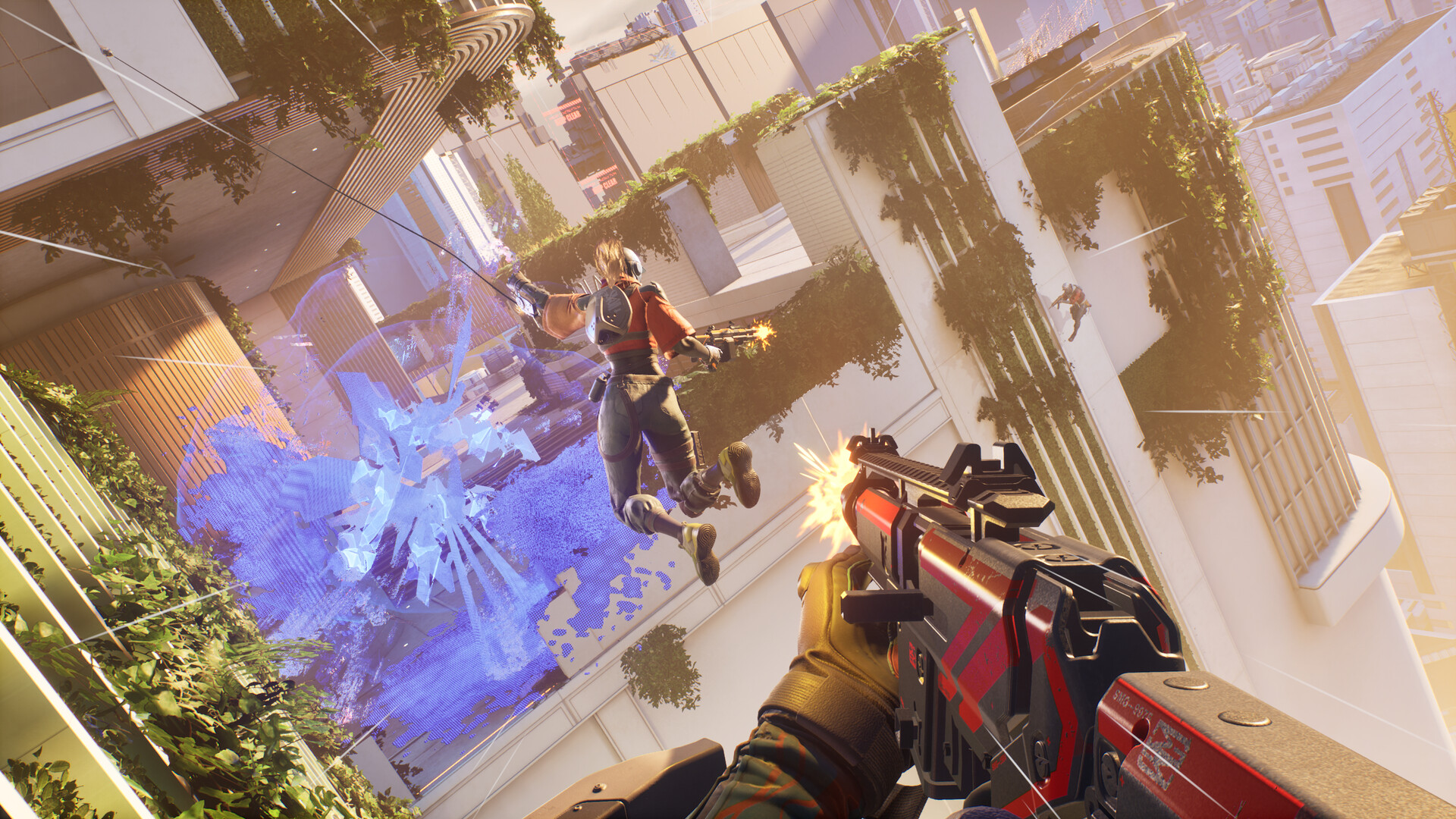 Official EMPULSE gameplay screenshot from Steam showing players fighting across a bright vertical arena with movement abilities.