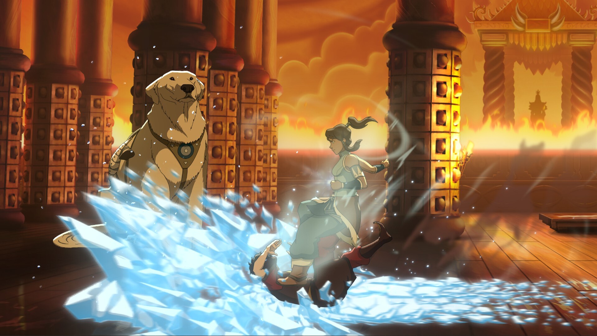 Official Avatar Legends Steam screenshot showing a 2D fight with elemental effects, health bars, and the game's bright animated style.