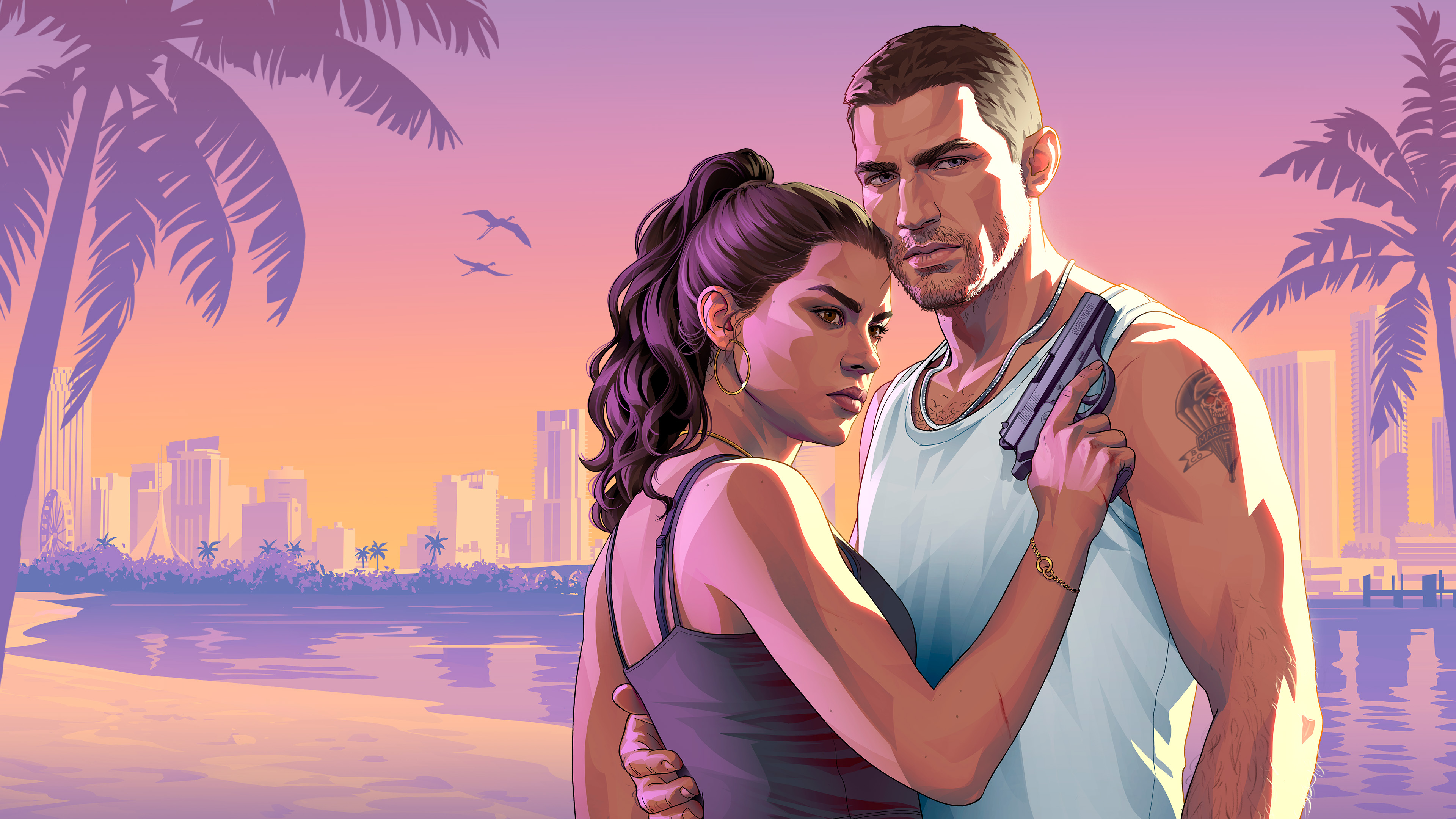 Official Grand Theft Auto VI artwork from Rockstar showing Jason and Lucia together.