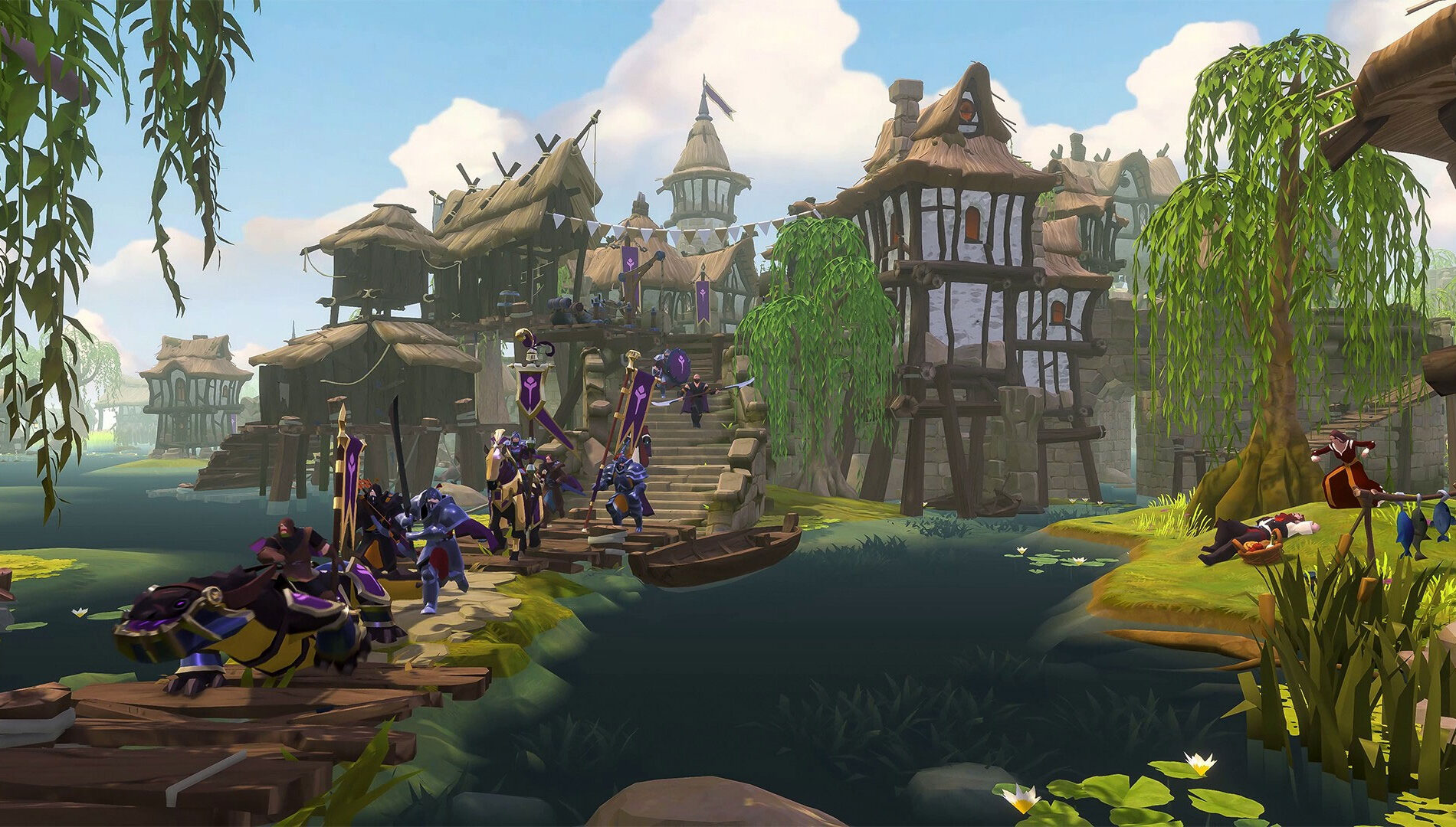 Official Albion Online screenshot showing a crowded fantasy-town scene with player characters, mounts, and market activity.